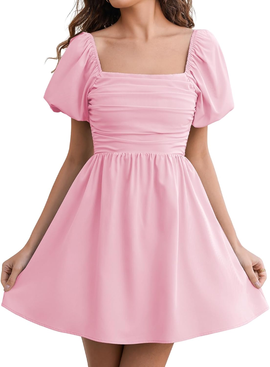 Women Puff Sleeve Graduation Short Dress Square Neck A Line Casual Sundress Beach Wedding Guest Mini Dress