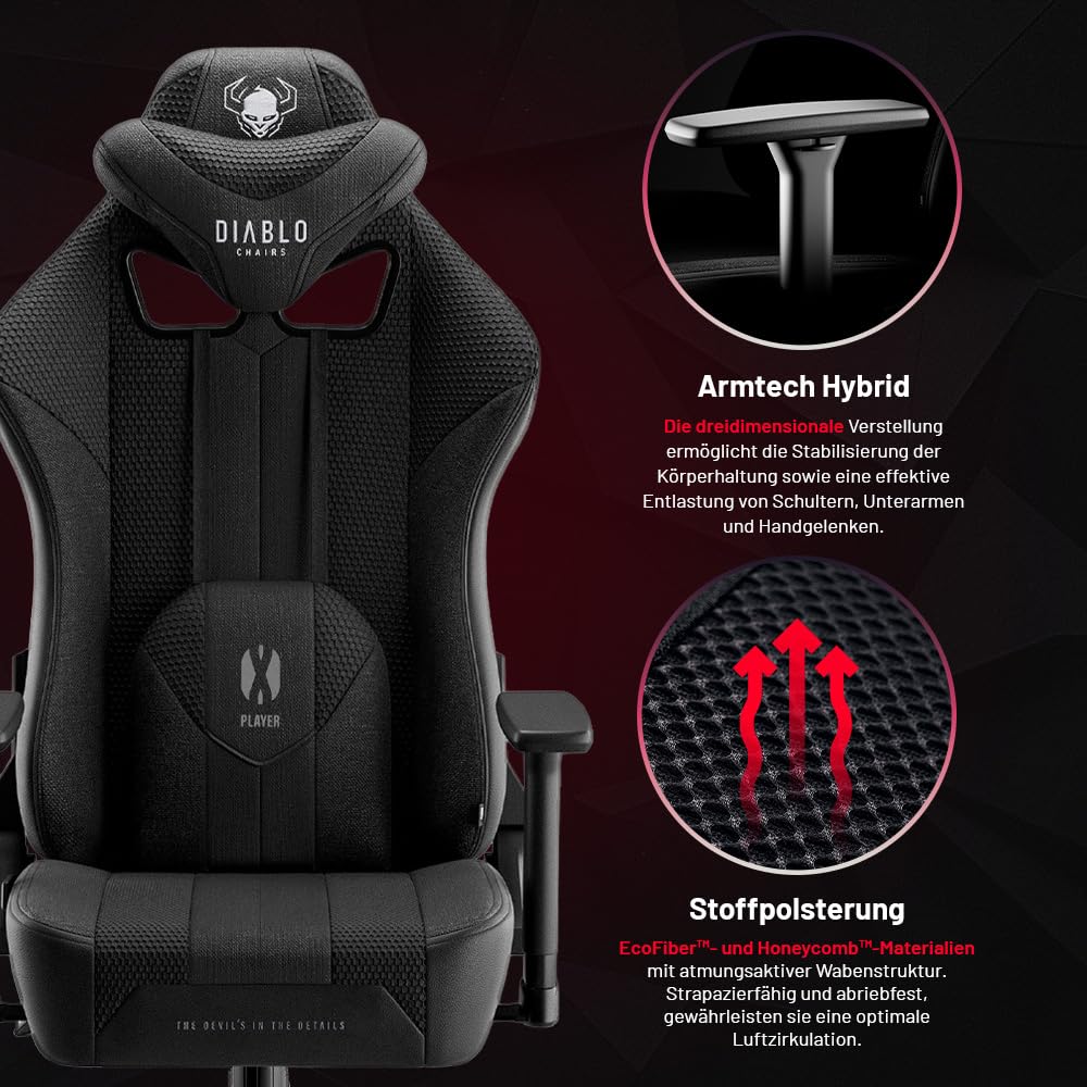 Diablo Gaming Stuhl Stoff X-Player 2.0 - Breite Sitzfläche - Gaming Chair mit 3D Armlehnen - Nacken/- Lendenkissen Wippfunktion - Bürostuhl 160 kg - Pc Gaming Stuhl Ergonomisch - King (XL)