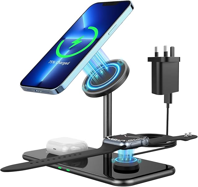 MoKo 3 in 1 Magnetic Wireless Charger Stand, 15W Aluminum Charger Dock Fast Charging Station Compatible with Magsafe iPhone 13/12/Pro/Pro Max/Apple Watch Series SE/7/6/5/4/3/2/AirPods 3/2/Pro