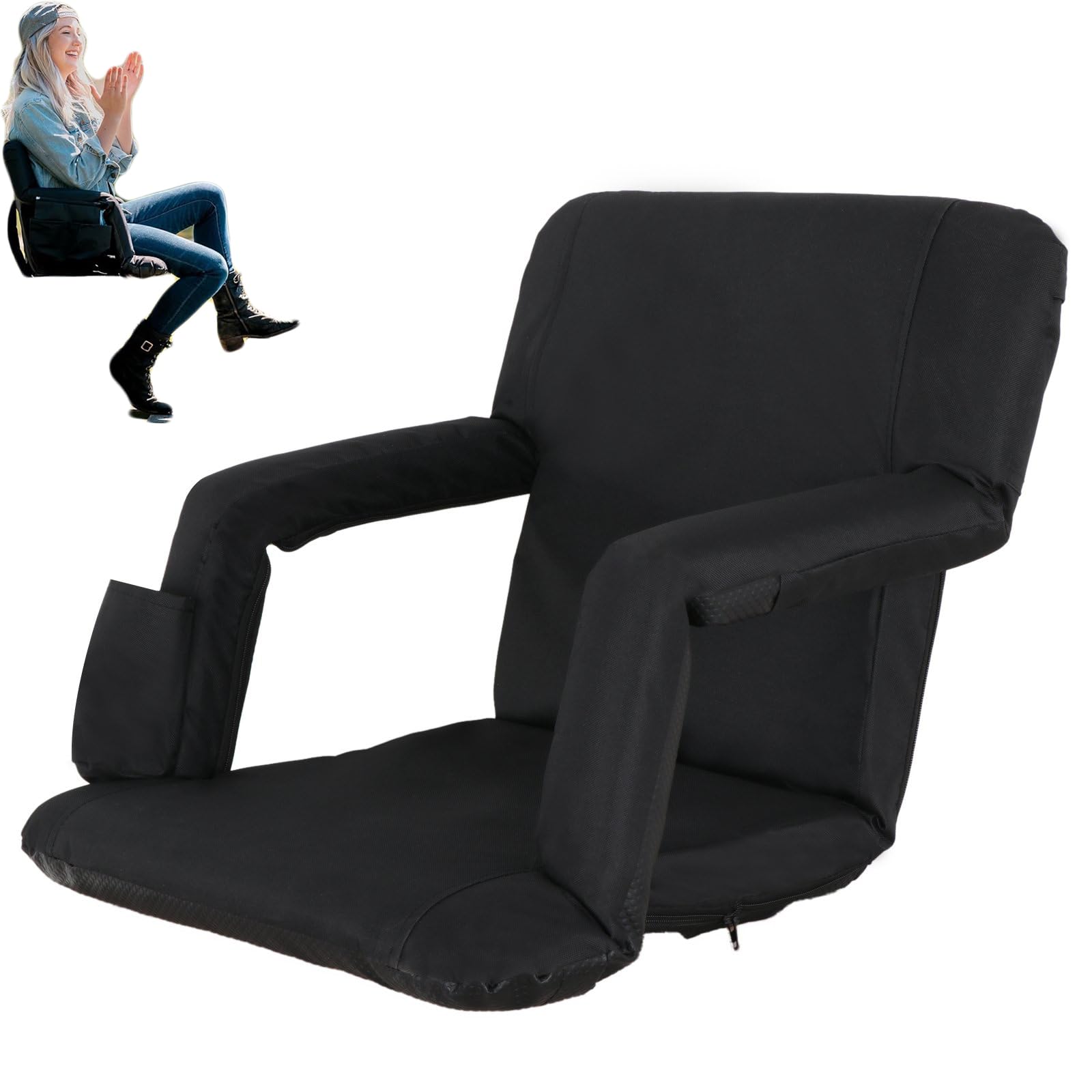 ZephPerton Stadium Seat Reclining Chair Bleachers, Folding Stadium Seat Recliner with Padded Cushion, Armrest, Cup Holder & Shoulder Straps, 5-position Adjustable Backrest for Sports Events