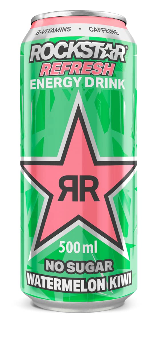 Rockstar watermelon kiwi Bebida energética con cafeína y cero azúcar con sabor a sandía y kiwi, pack de 12 latas de 500 ml, 6 litros en total