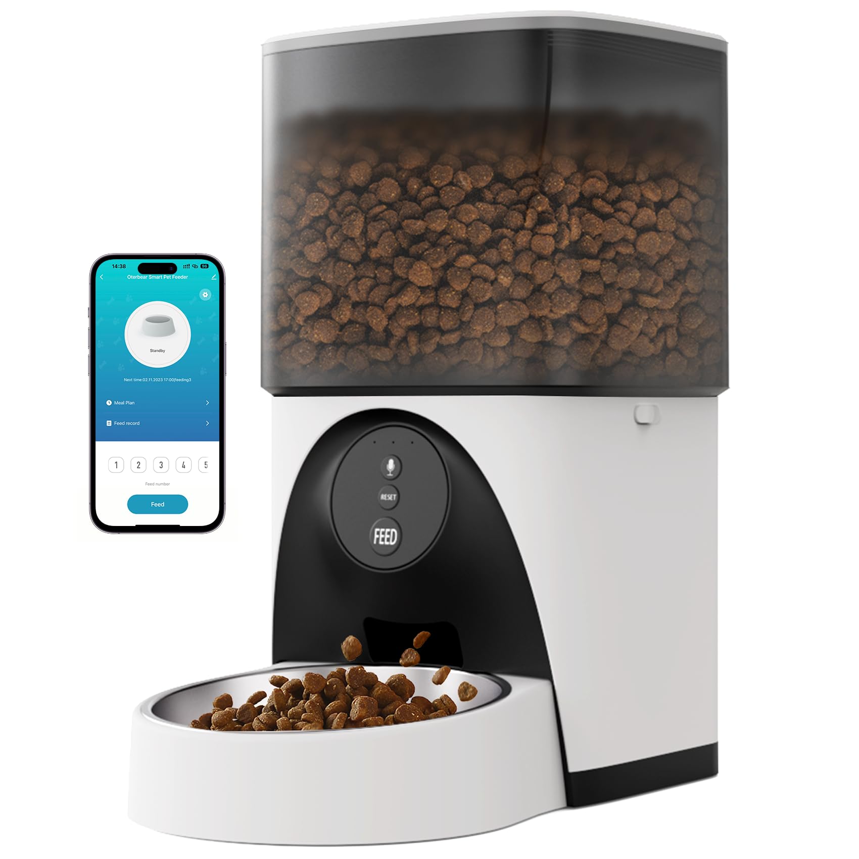 Automatic Cat Feeder with App, Cobectal 5G WiFi Automatic Dog Feeder, Timed Cat Feeders for Dry Food with Elevated 304 Stainless Steel Feeding Bowl,1-10 Meals,USB Cable/App Control, White