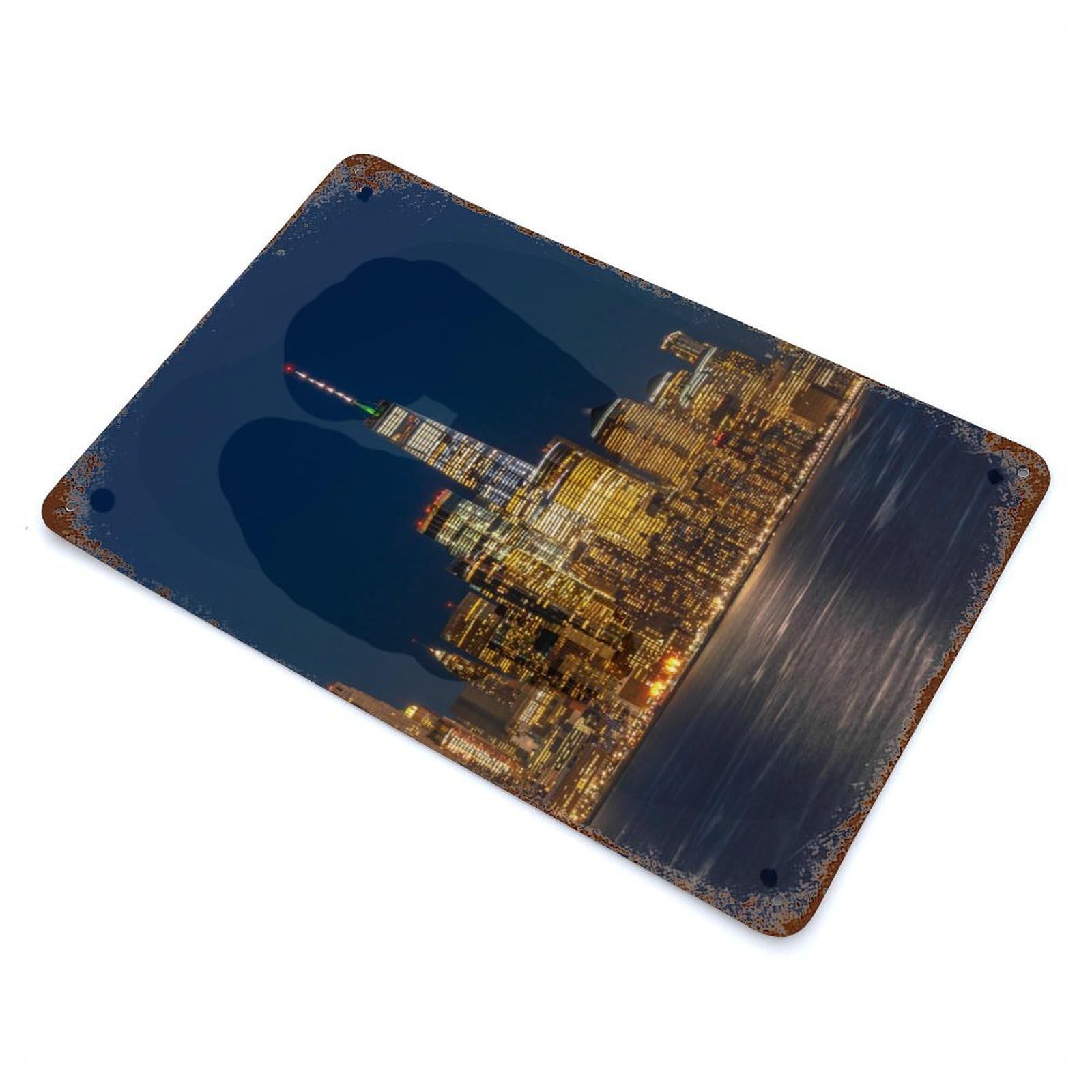 New York City Skyline at Night Rust Effect Tin Sign 11.8"x7.9", Novelty Wall Decor for Garage, Pub Or Kitchen