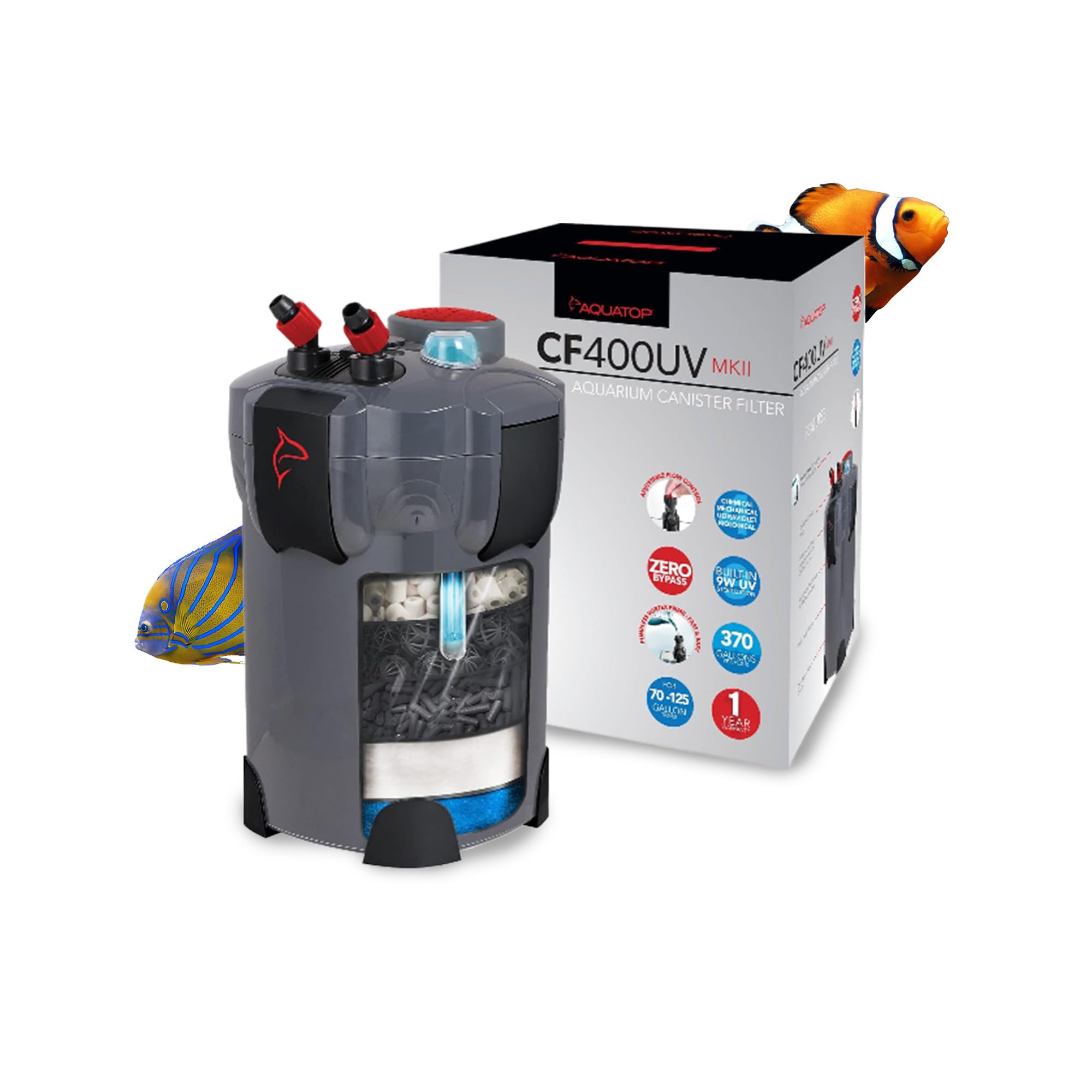 Aquatop 4-Stage Canister Filter with Vortex Prime, 9W UV, 370GPH Flow Rate, 35W Power, Up to 125 Gal – Including All Filtration Media, Great for Salt & Freshwater Tanks, UV for Crystal Clear Water