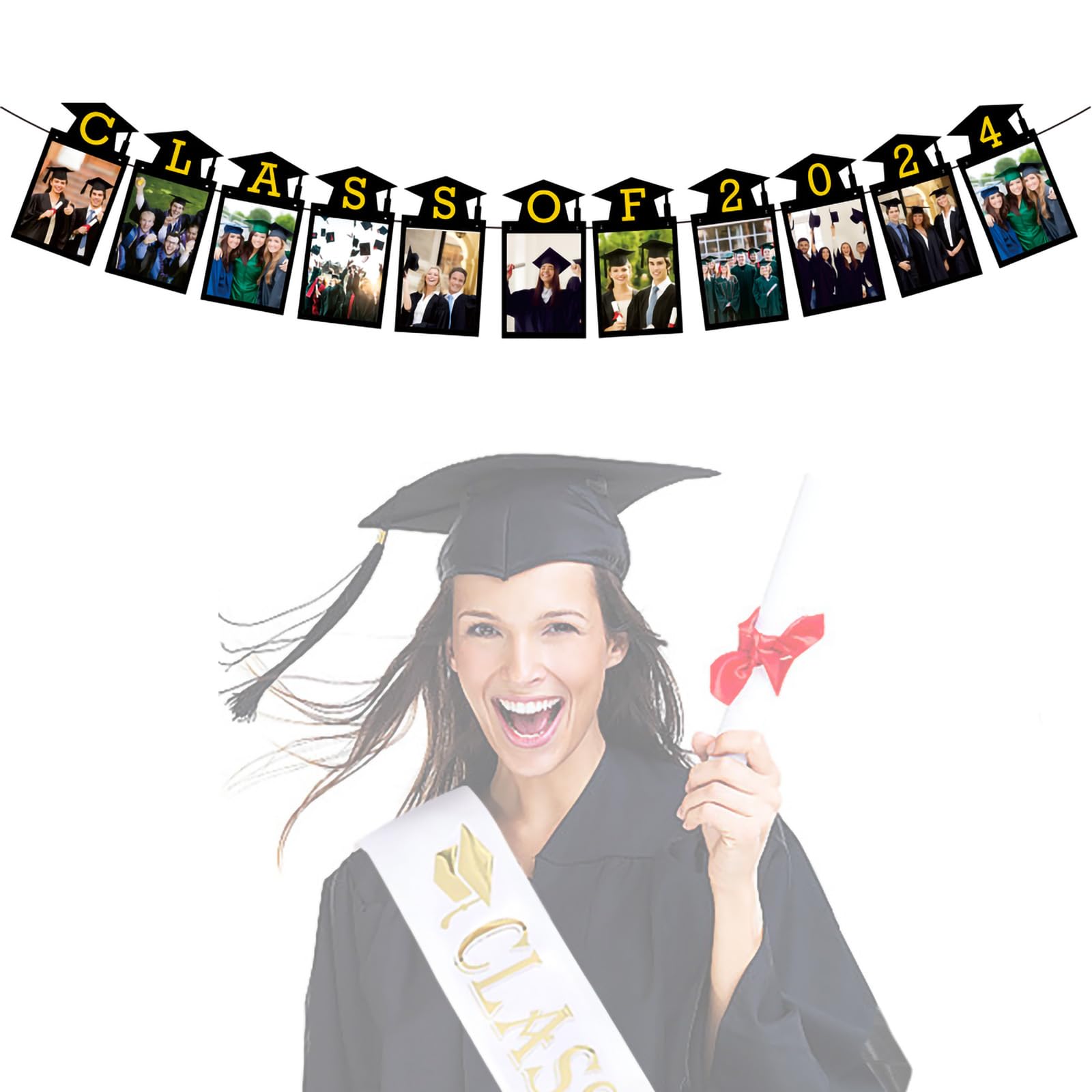 Graduation Decorations Class of 2024 Party Supplies, Graduation Photo Banner Black Gold Photo Props Congrats Grad Banner Sign for 2024 Decorations (