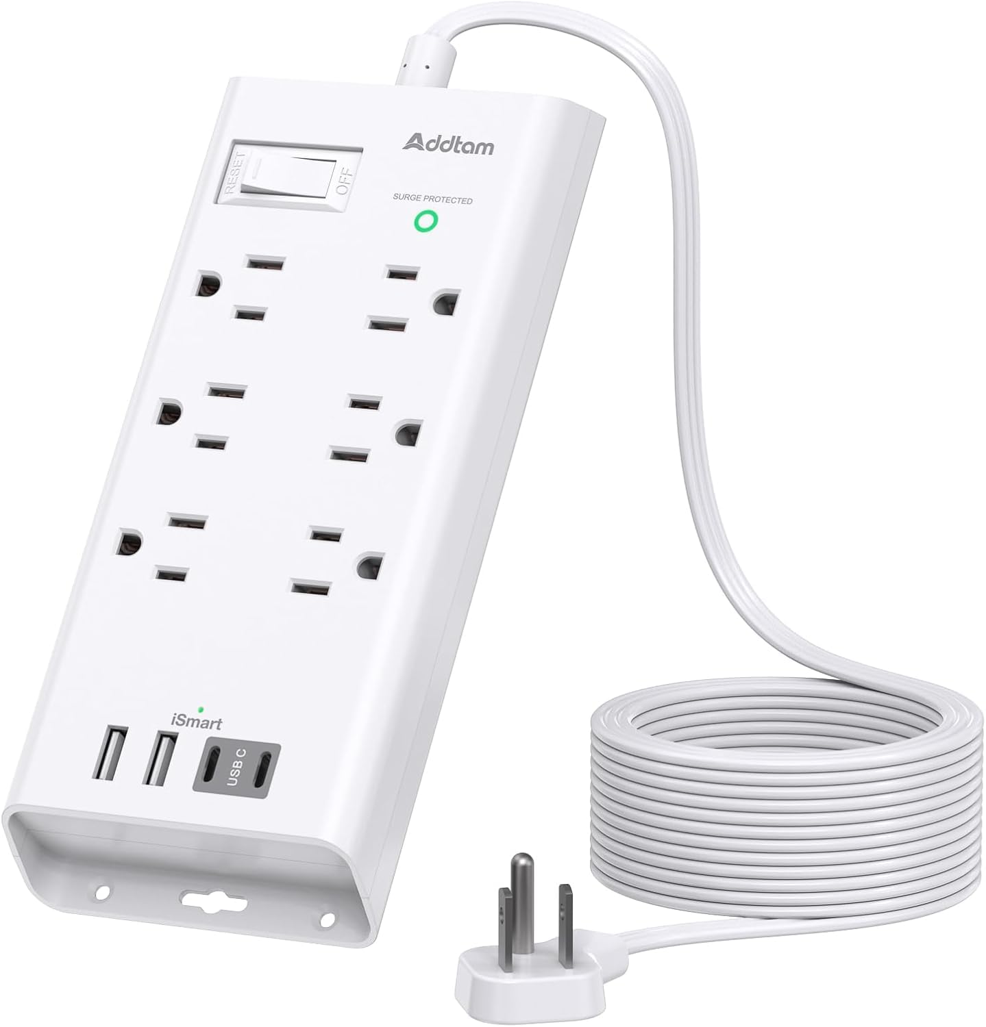 Power Strip Surge Protector - Addtam 10Ft Long Extension Cord with 6 Outlets and 4 USB Ports(2USB C), Flat Plug Overload Surge Protection Outlet Strip, Wall Mount for Home, Office  image 6