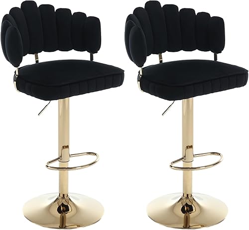 Juego de 2 taburetes de bar ajustables con respaldo en forma de pétalo, asientos tapizados de terciopelo para comedor y cocina, color negro