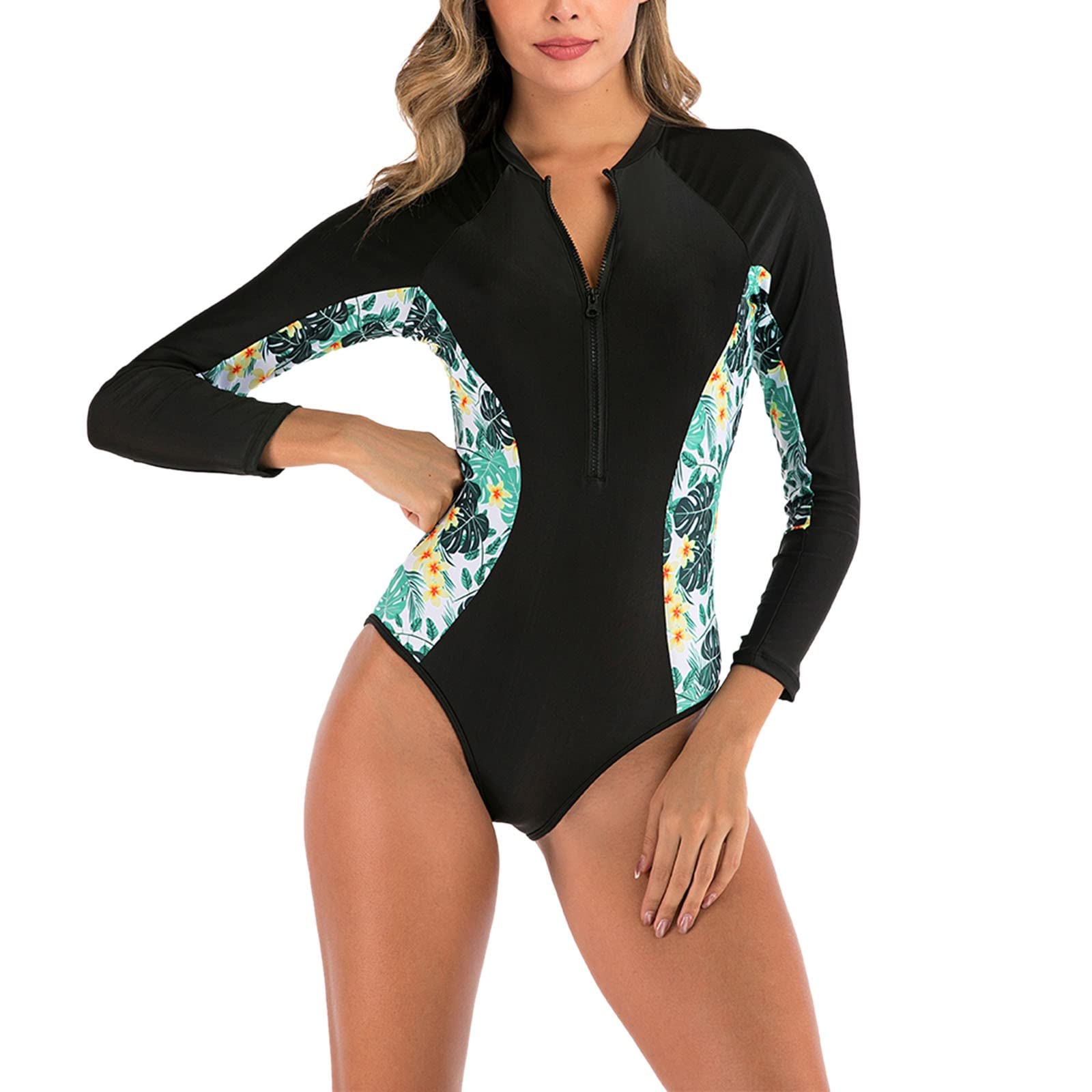 LINYUESFashion Guard Printed Surfsuits Skin Rashes Women's Protection Long Sleeve Suit Swimsuits Bikini Top Women Blue