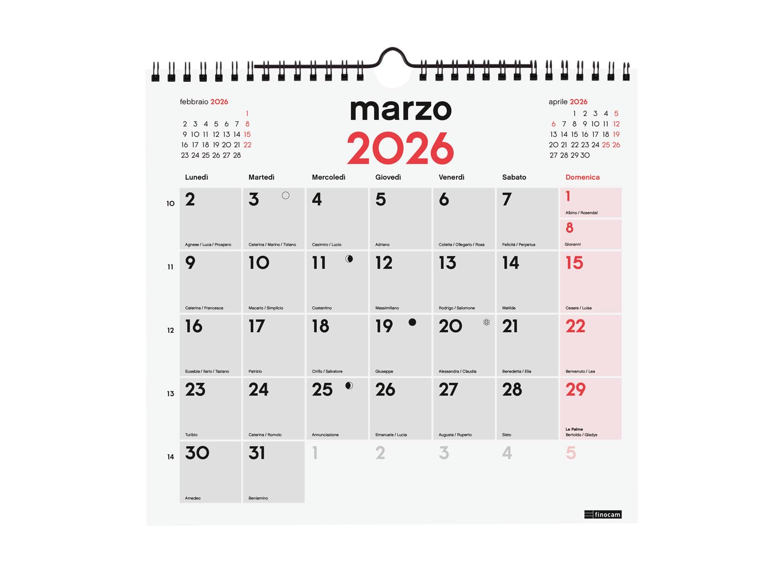 Calendrier Mural 2026 Finocam - Format Mensuel, 265x245 Mm, Spirale Métallique - Avec Fêtes Italiennes, Phases Lunaires