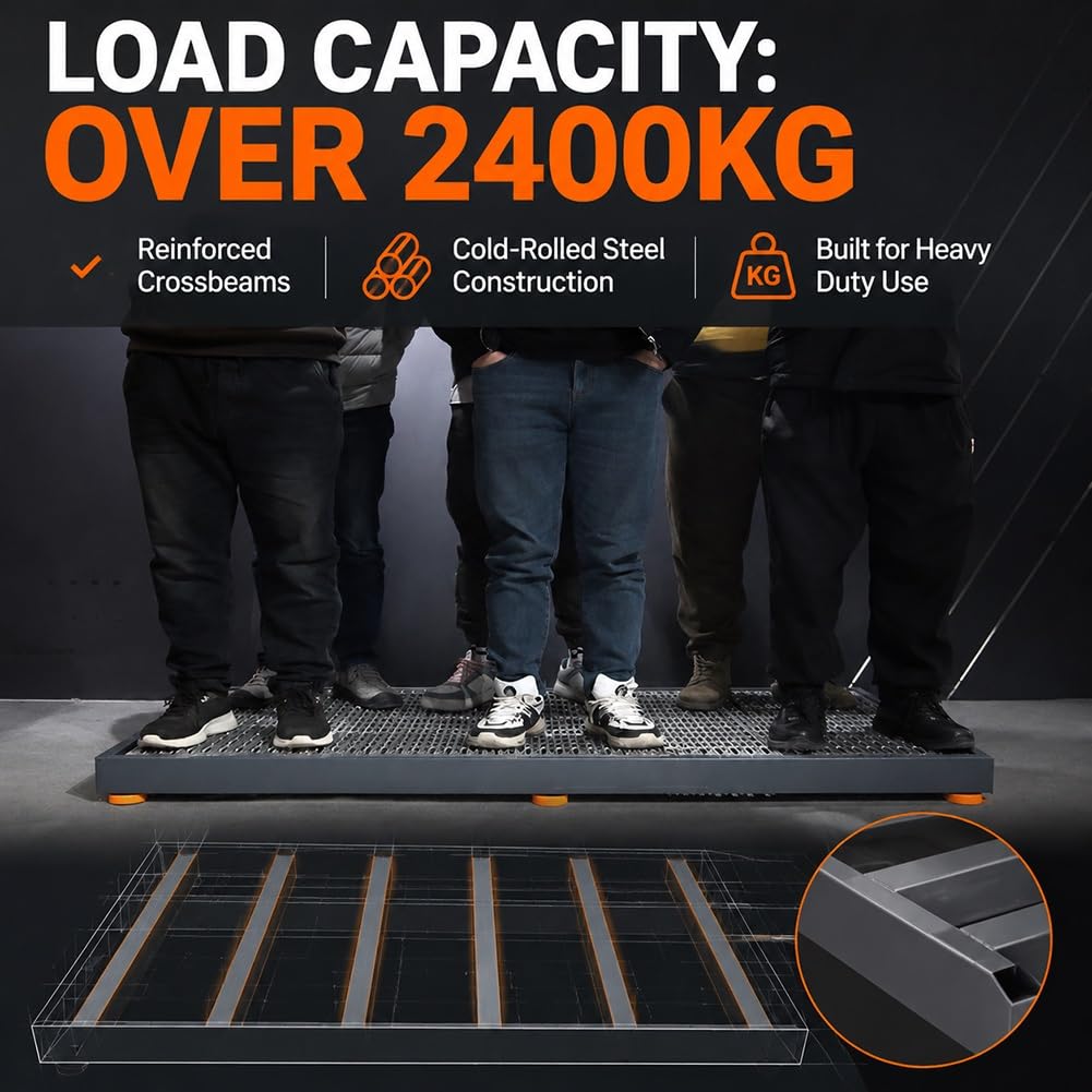 Plataforma de trabajo de acero resistente, construcción de acero laminado en frío, capacidad de 2400 kg, altura ajustable de 120 a 140 mm para suelos industriales, duradera y fiable