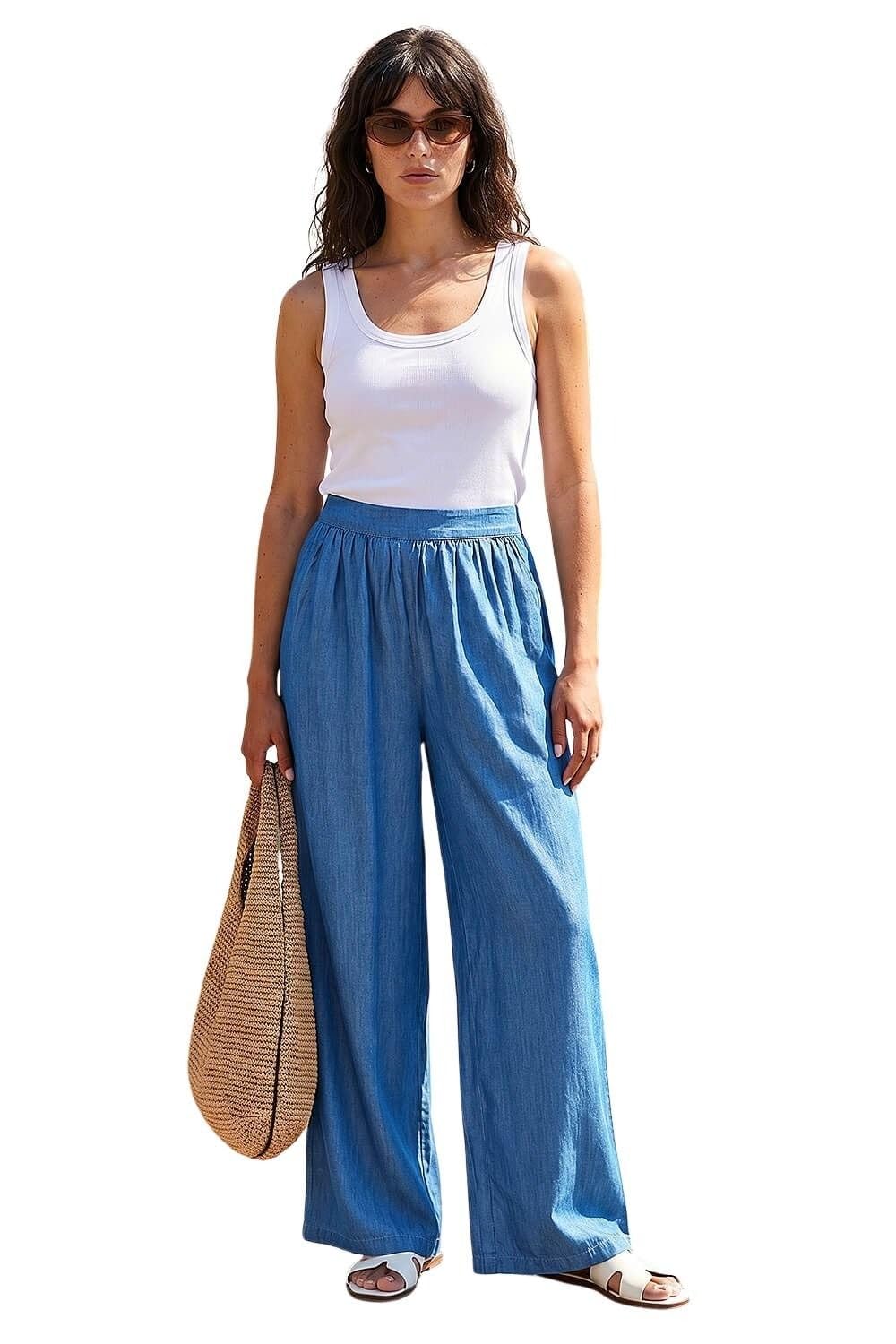 Roman Originals Pleated Full Length Wide Leg Trouser for Women UK - Ladies Everyday Holiday Spring Summer Comfy Soft Evening Vacation Work Party - Denim - Size 14