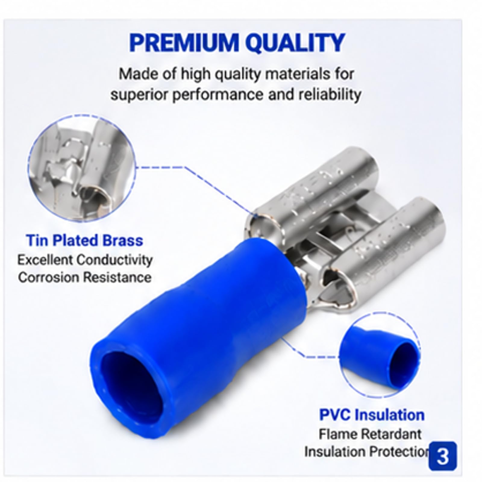100 pièces Cosses électriques à sertir, FDD2‑250 femelle Connecteur à cosse avec coque isolante 0,8 x 6,35 mm câble terminal pour câble de 1,5 à 2,5 mm²(Bleu)