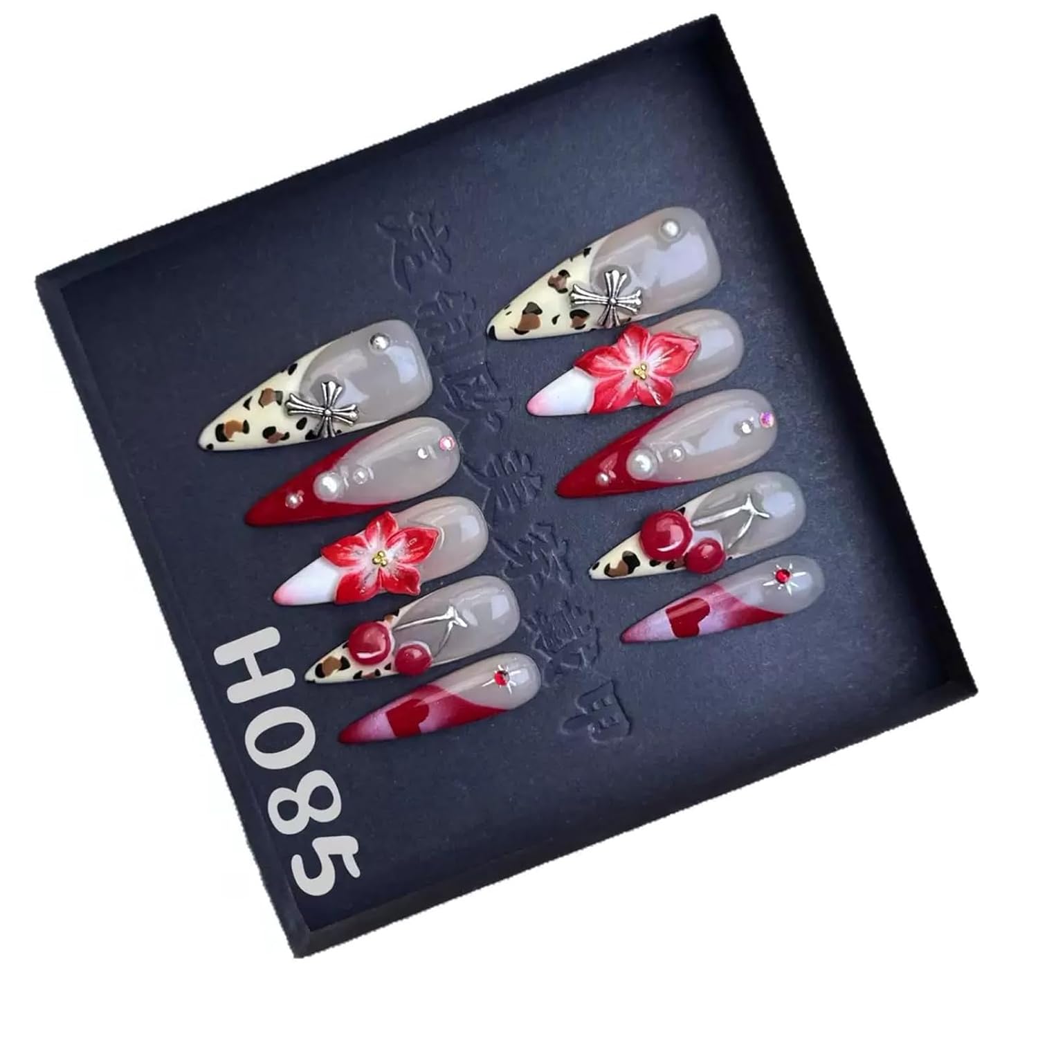 Handmade Press on Nails Long Stiletto Fake Nails Leopard French tips False Nails with Cheery Flower Design Red Heart Pearl Charms Handmade Nail Reusable for Women Girls Daily Wear Manicure Size L
