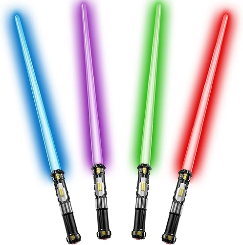 Paquete de 4 sables iluminados con sonido FX (control de encendido y apagado) y mango retráctil completo, 4 colores LED que brillan en la oscuridad,