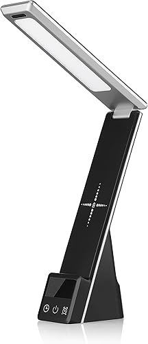 Lámpara táctil LED plegable de 5 W con puerto de carga USB, cargador inalámbrico, reloj despertador, luz portátil regulable para mesa de
