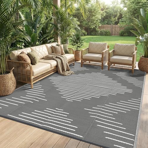 MilleLoom Outdoor Rug for Patio, 9'x12' Plastic Straw Rug Clearance Waterproof, Portable Line Reversible with 4 Stakes Outside Carpet for Deck Porch Backyard (Grey and White) — view 8
