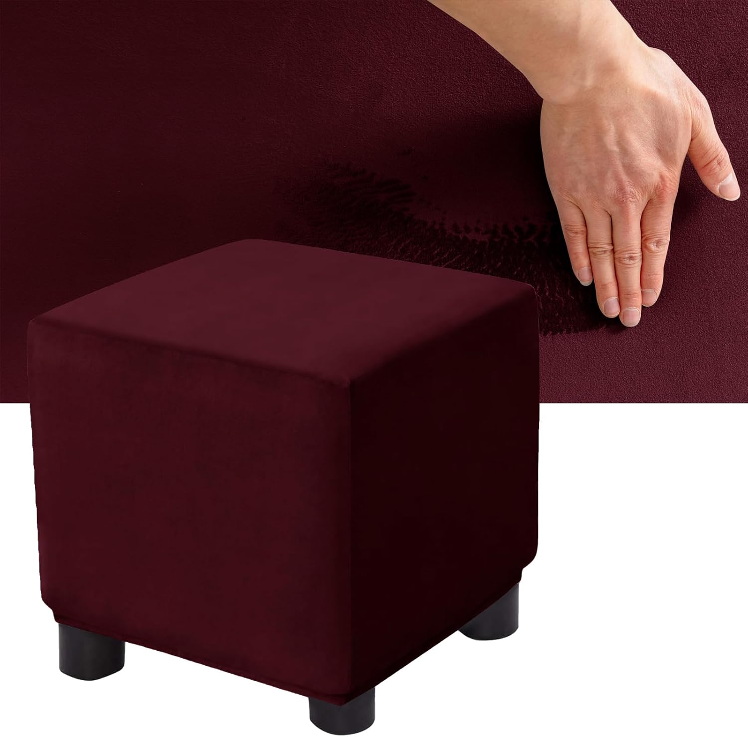 Stretch Banquet Armchair Slipcover, Velvet Soft Chair Cover with Anti-Slip Straps, Chair/Seat/Ottoman Covers for Living Room (Wine Red,Ottoman Square M)