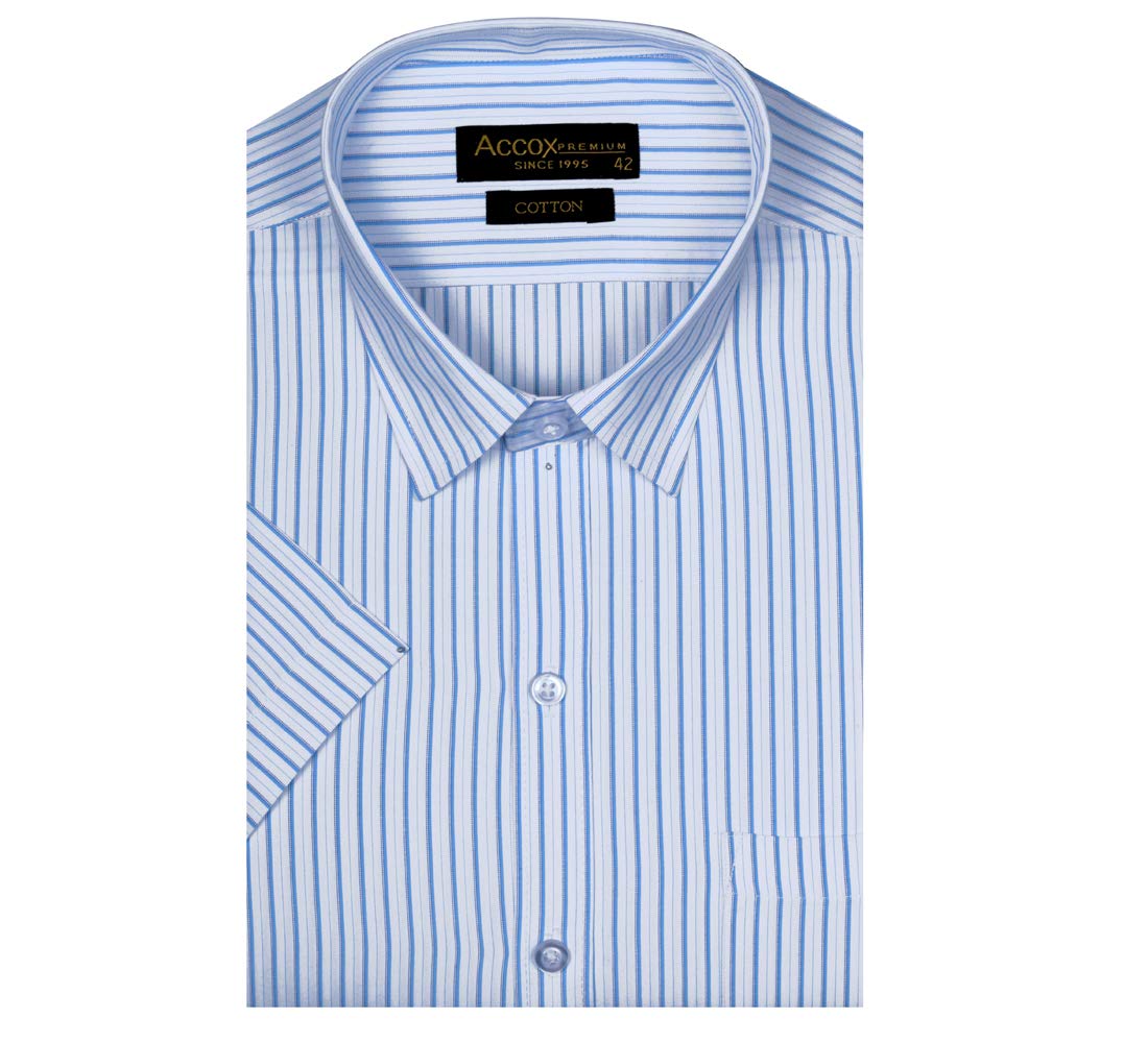 accox Premium Breathable Cotton Half Sleeves Striped Checkered Blue Formal Regular Fit Shirt for Men (S_GCR06)-picture-33