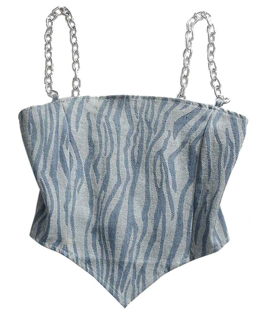 Canotta da donna in denim, corsetto streetwear, bustier, jeans, crop top, reggiseno, canotta push-up con catena metallica (motivo Zibra - L), Blu, L