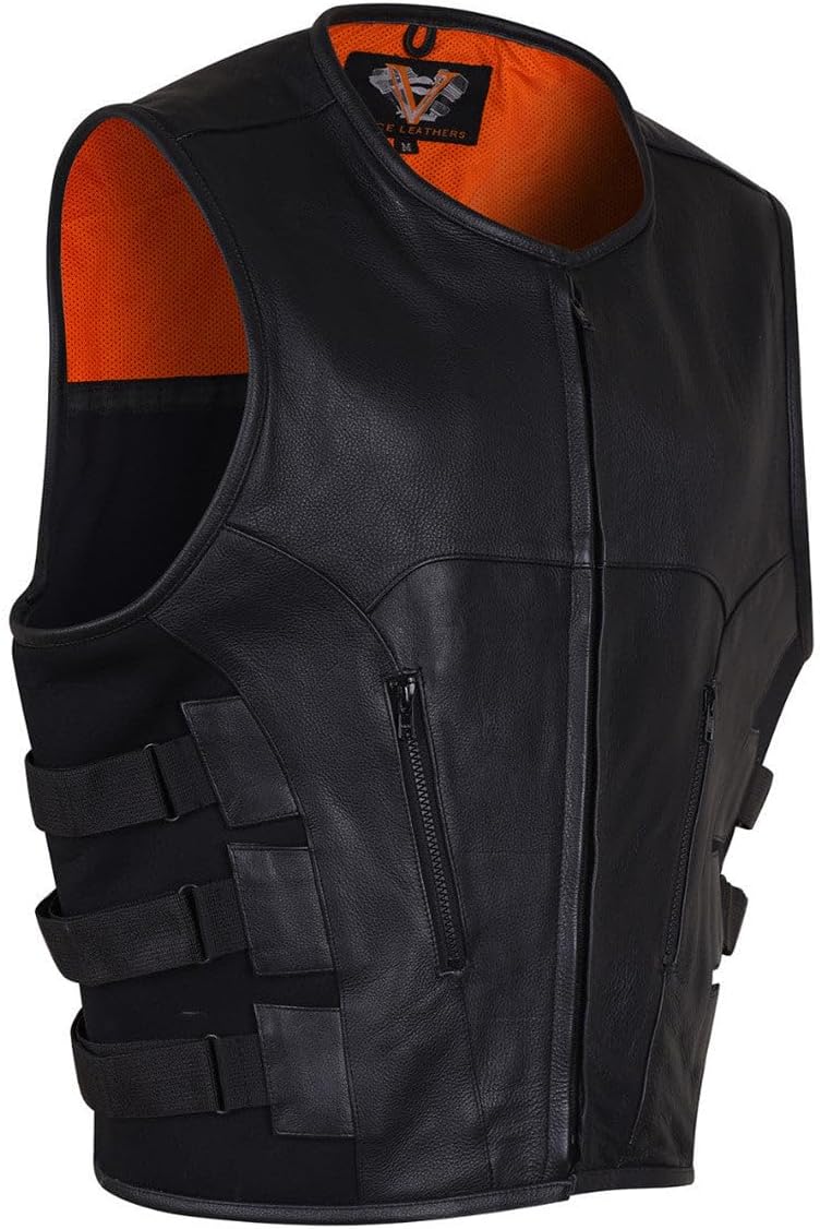 Mens Leather Motorcycle Vest with CCW Pocket, Black Premium Leather Vest for All-Weather Motorbike Riding