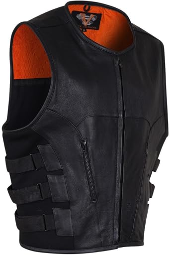 Mens Leather Motorcycle Vest with CCW Pocket, Black Premium Leather Vest for All-Weather Motorbike Riding