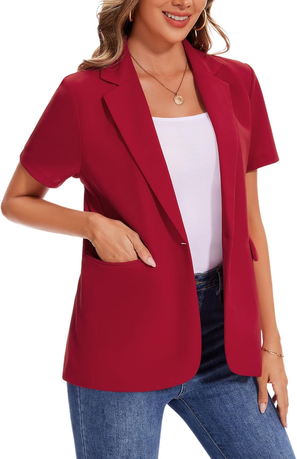 MINTLIMIT Women Short Sleeve Blazer Lightweight Button Front Business Jacket Notched Lapel Work Office Blazers with Pockets - Image 5