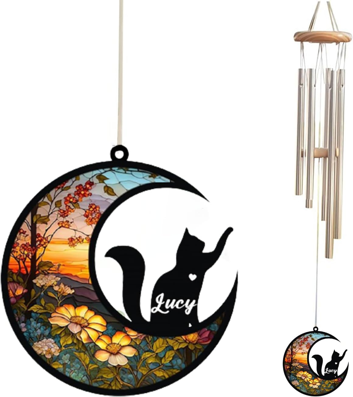 Custom Pet Cat Memorial Suncatcher Wind Chime, Pet Loss Sympathy Gift, Cat Memorial Gift, Cat Loss Keepsake, Garden Decor, Cat and Flowers 5
