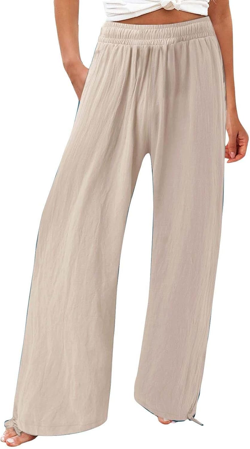 High Waist Flowy Linen Palazzo Pants, Loose Wide-Leg Dressy Trousers for Women Beach and Office Daily Attire
