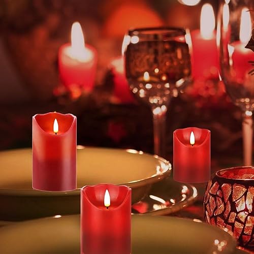 Miniatura 6 de HEIOKEY Juego de 3 velas rojas parpadeantes sin llama, velas que funcionan con pilas con control remoto de 10 teclas, vela eléctrica de pilar con