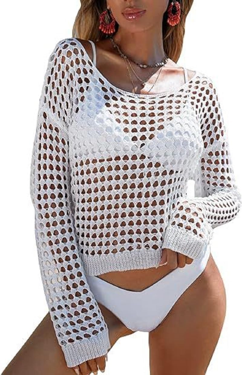 Women’s Crochet Hollow Out Long Sleeve Scoop Neck Swimsuit Cover Up Tops Beachwear