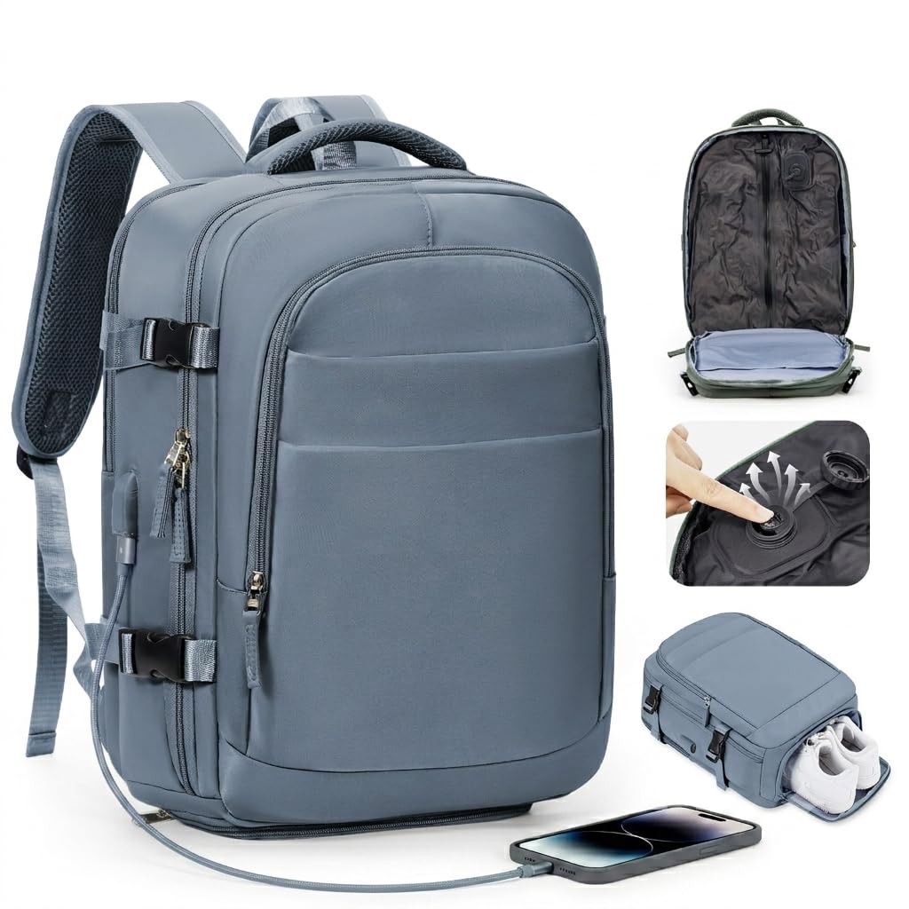 Zaino Ryanair 40x30x20 Sottovuoto Con Pompa 40x20x25 Zaino da Viaggio Aereo Bagaglio a Mano Con Porta Scarpe Wizzair Zaini Donna Uomo (Blu)