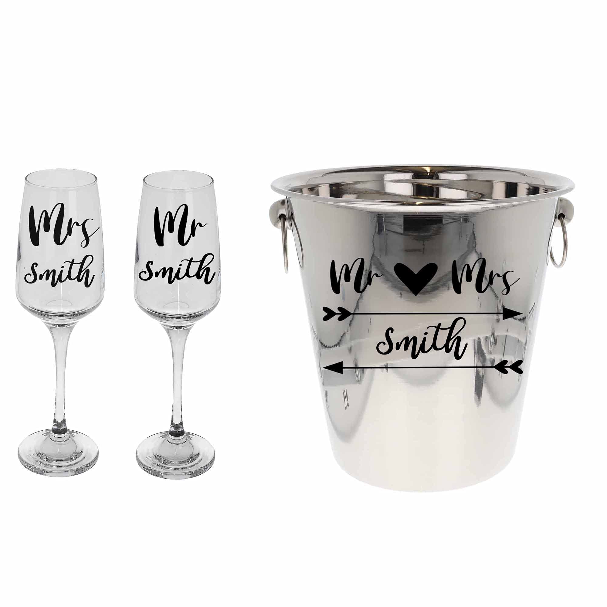 Personalised Mr & Mrs/Mrs & Mrs/Mr & Mr Ice Bucket with matching Champagne Glasses (Ice Bucket with Glasses)