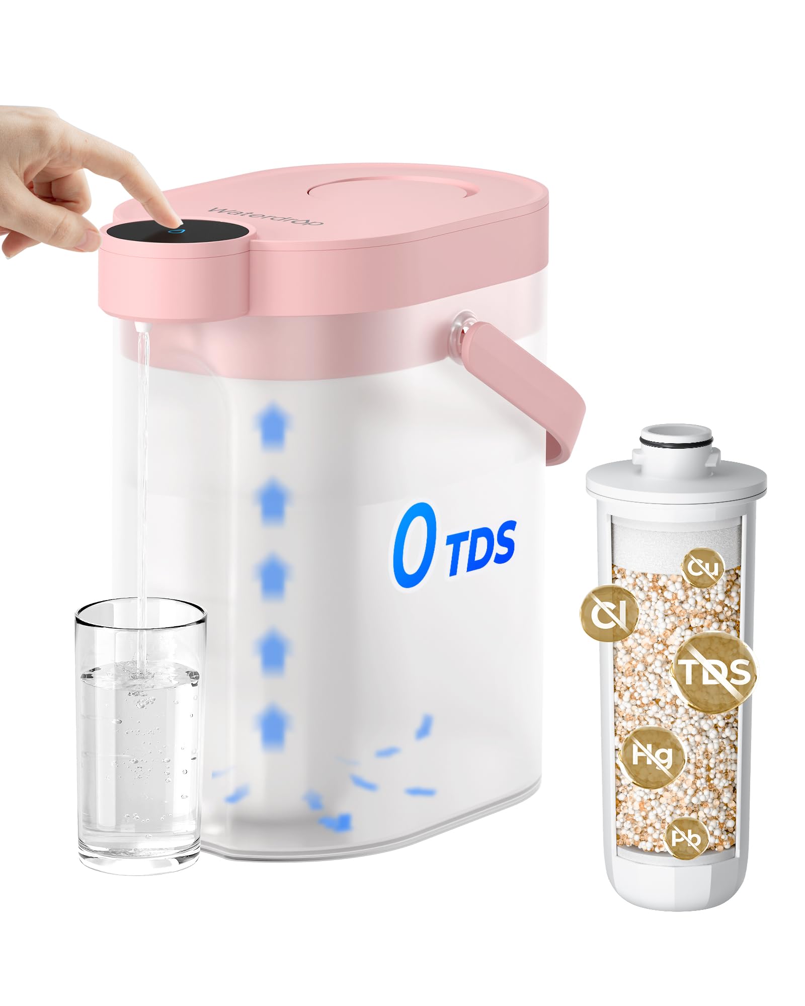 Waterdrop 0 TDS Zero TDS Water Rechargeable Water Filter Jug, WD-ED05TW 3.5L Instant Electric Powerful Dispenser, Reduce Chlorine, Lead, Countertop Water Filtration System, Pink with 1 WD-EWFT1 Filter