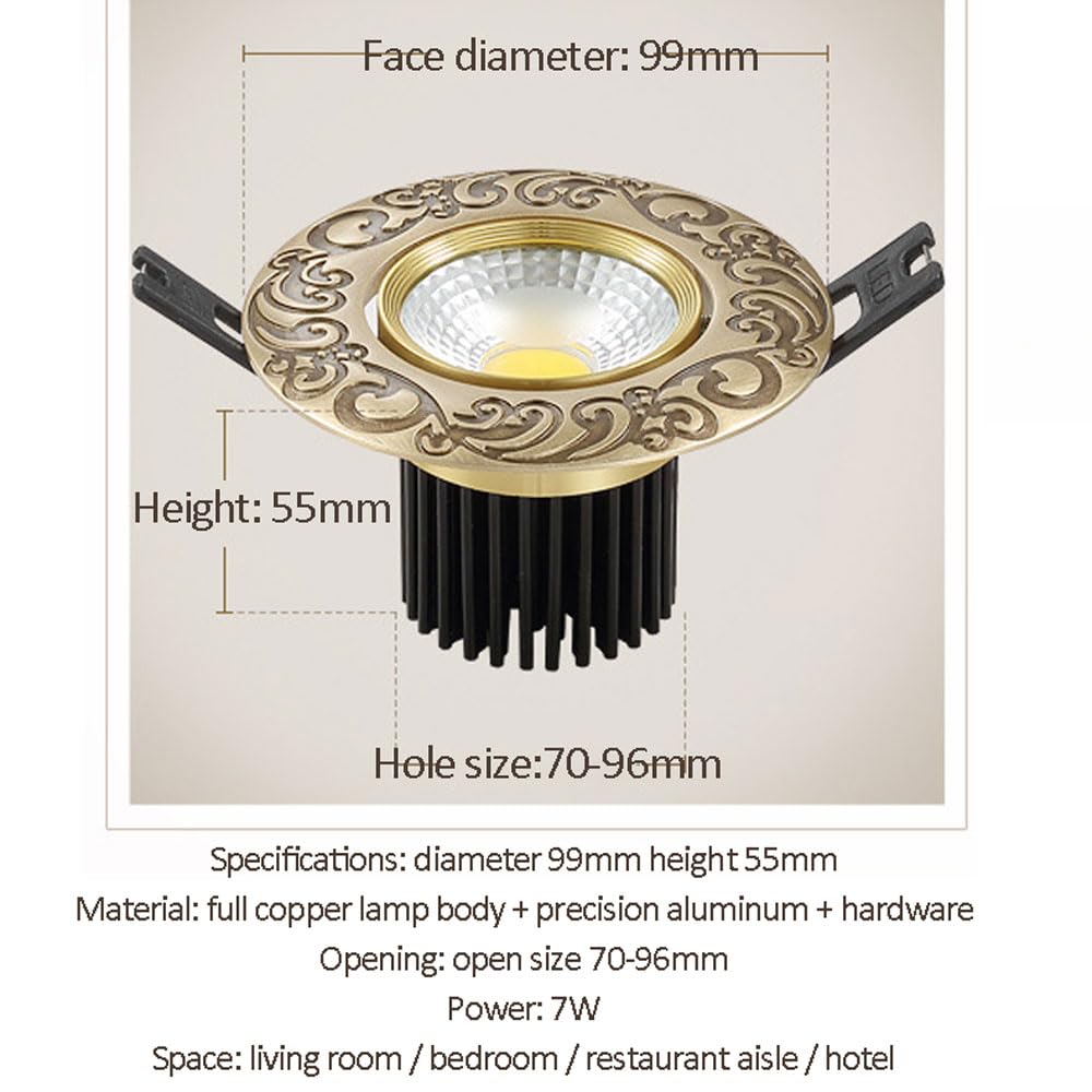 Paquete De 2 Focos Led Empotrables para Techo, 7 W COB Empotrables, Focos Antideslumbrantes Cri90, Bisel De Latón, Regulables, Kit De Montaje con Bisel.