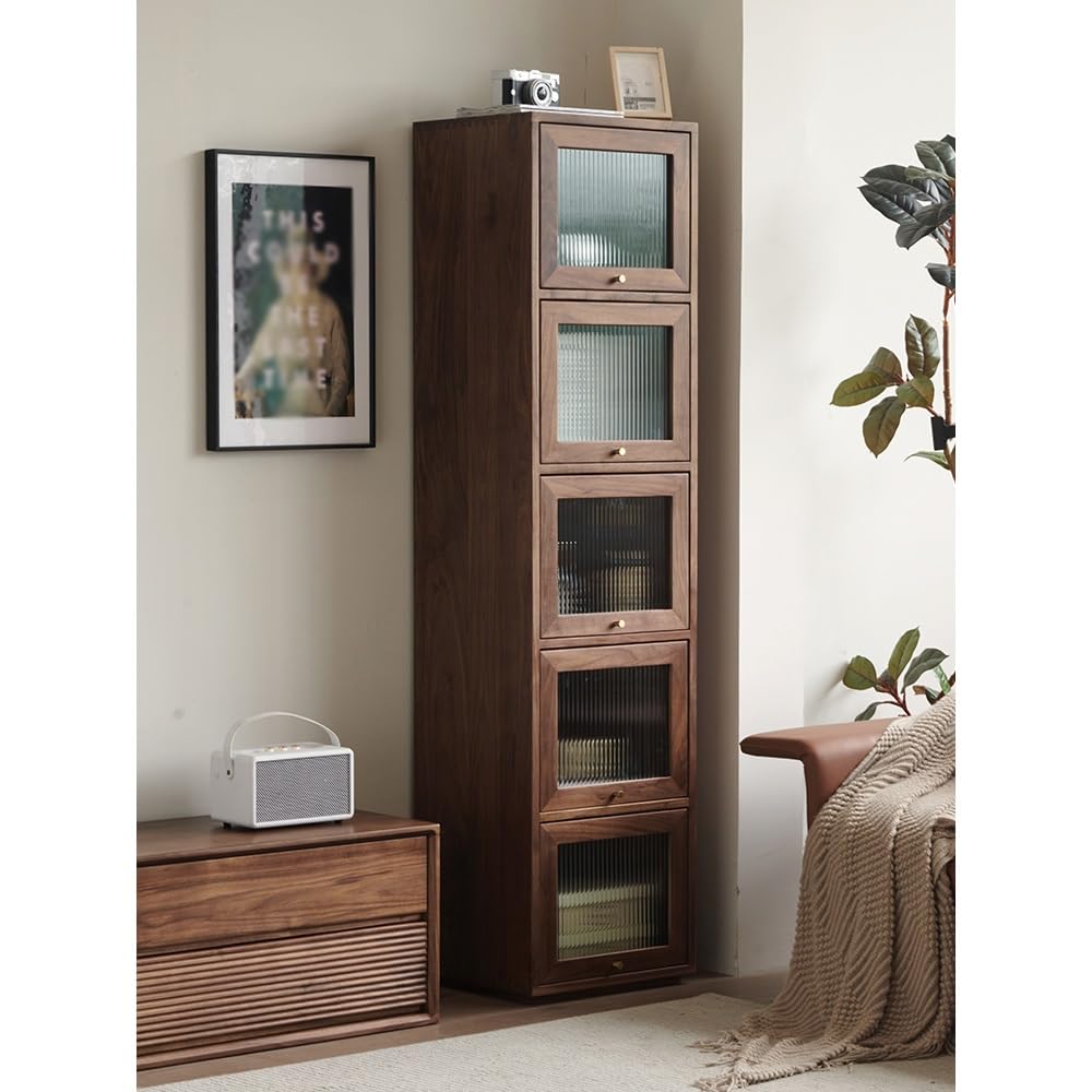 Gabinete de Bar de Vinos Industrial Vitrina de madera maciza de 182 x 40 x 45 cm for sala de estar, vitrina de almacenamiento de nogal con cinco puertas de cristal, mueble de almacenamiento retro.