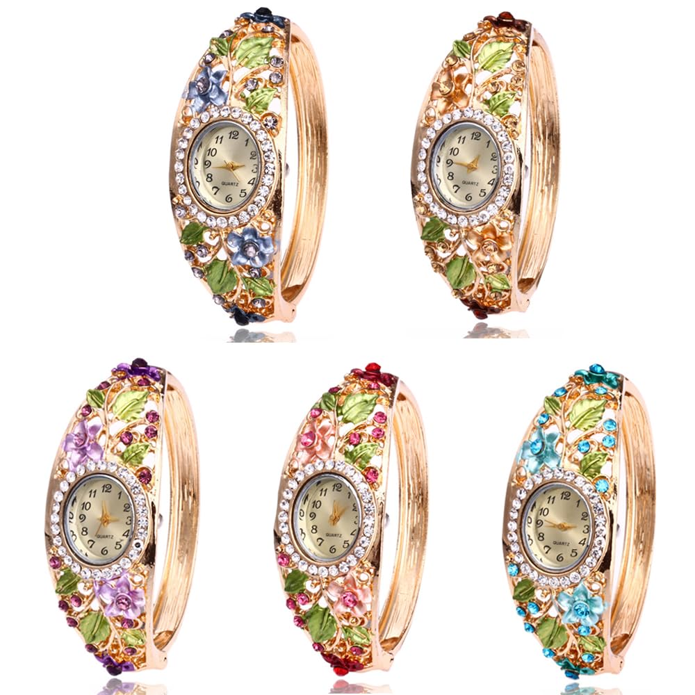 Dacdyi Women Ladies 5 Pcs Wholesale Watch Elegant Bangle Bracelet Crystal Round Dial with Flower Wrist Watch