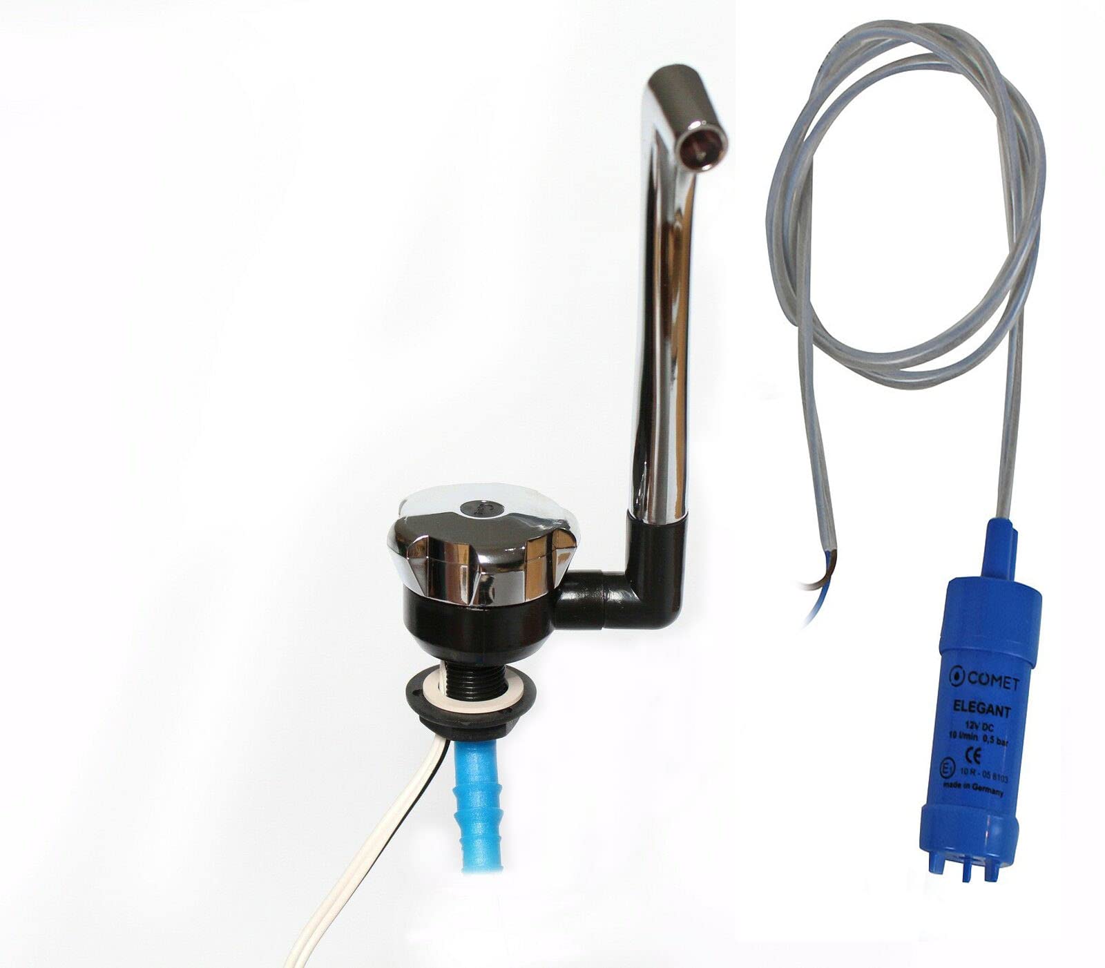 Ad-ideen - Rubinetto automatico da campeggio, 12 V, cromato + pompa a immersione 12 Volt, 10 l/min, per camper