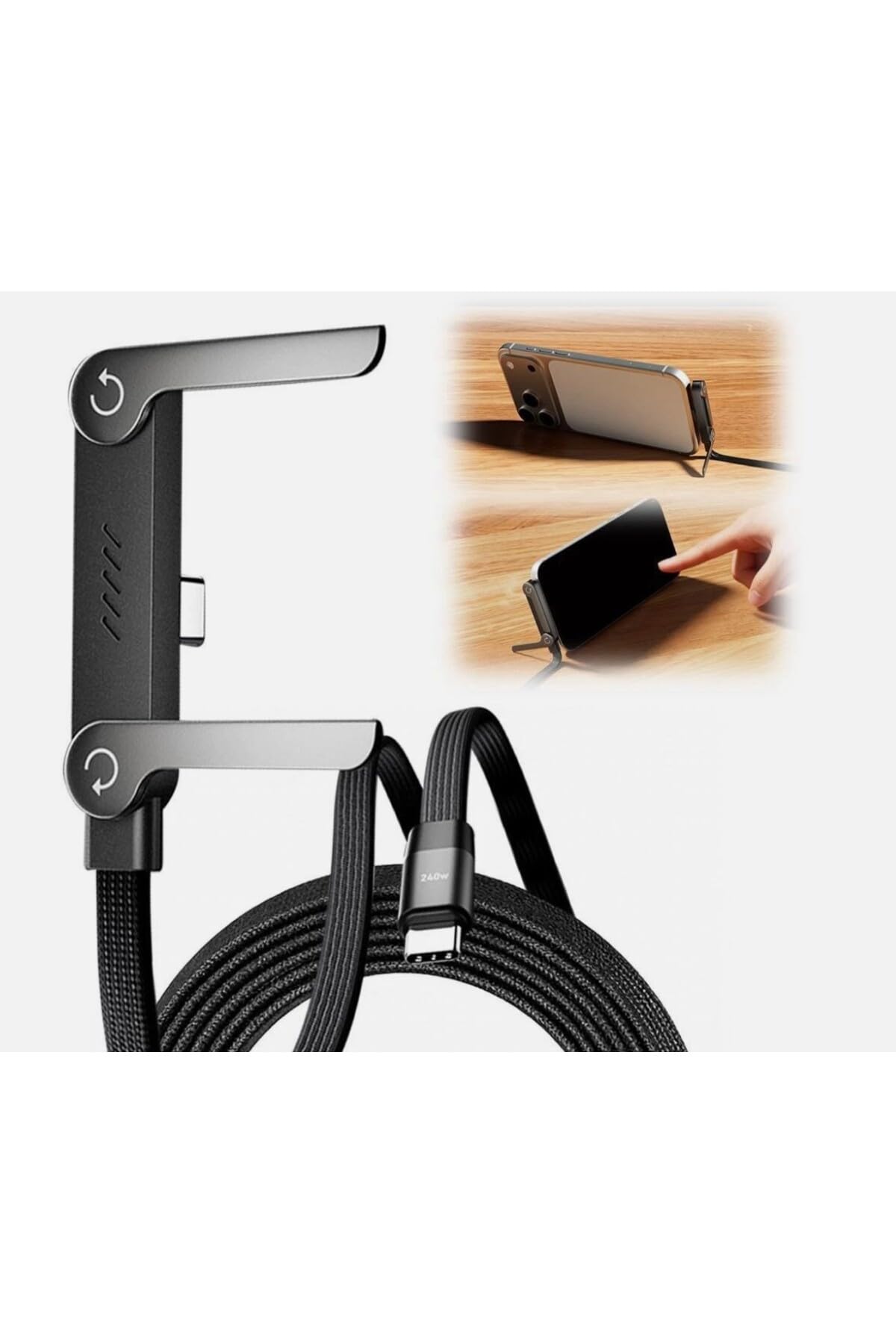 Deyhome 240W Ultra Hızlı Type-C Şarj Kablosu – 1.5M Örgülü, Katlanabilir Standlı Ergonomik Tasarım, PD Hızlı Şarj ve Data Aktarım Kablosu