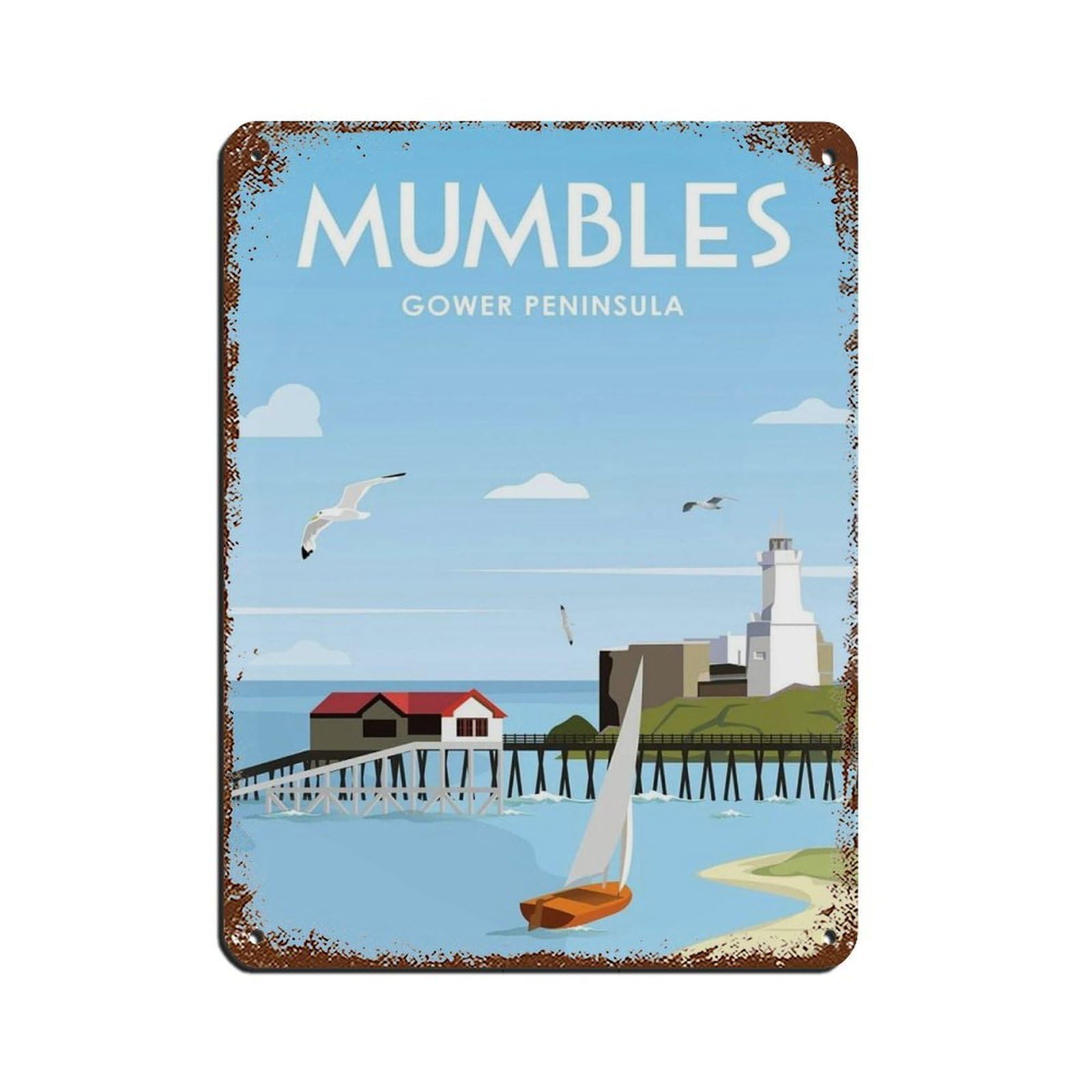 Mumbles Travel Poster, of Gower Peninsula Tin Sign Vintage Metal Pub Club Cafe Bar Home Wall Art Decoration Poster Retro 12x16inch(30x40cm)