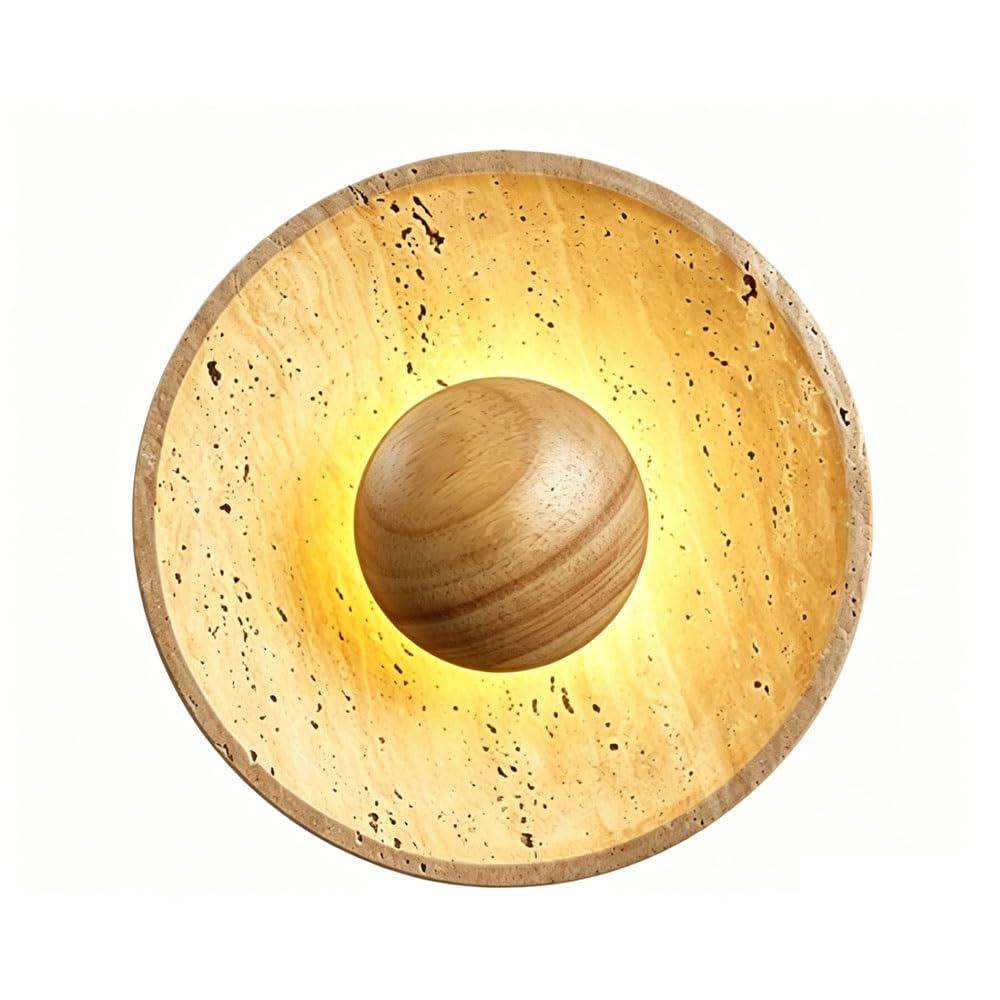 Luoyaob B Luoyao Yellow Travertine Marble Wall Sconce Round Natural Stone Wall Lamp Japanese Style Indoor Lighting Fixture Decorative Wall Light For Edroom Living Room Corridor Hotel(,Solid Wood)
