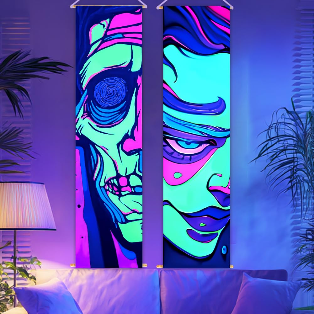 CRAFTYMELODY 2 Pack Blacklight Halloween Tapestry Glow in the Dark Horror Face Tapestry UV Reactive Wall Hanging 12.9×51 Inch with Rope Wooden Rod for Bedroom Dormitory Home Wall Decoration — image 1
