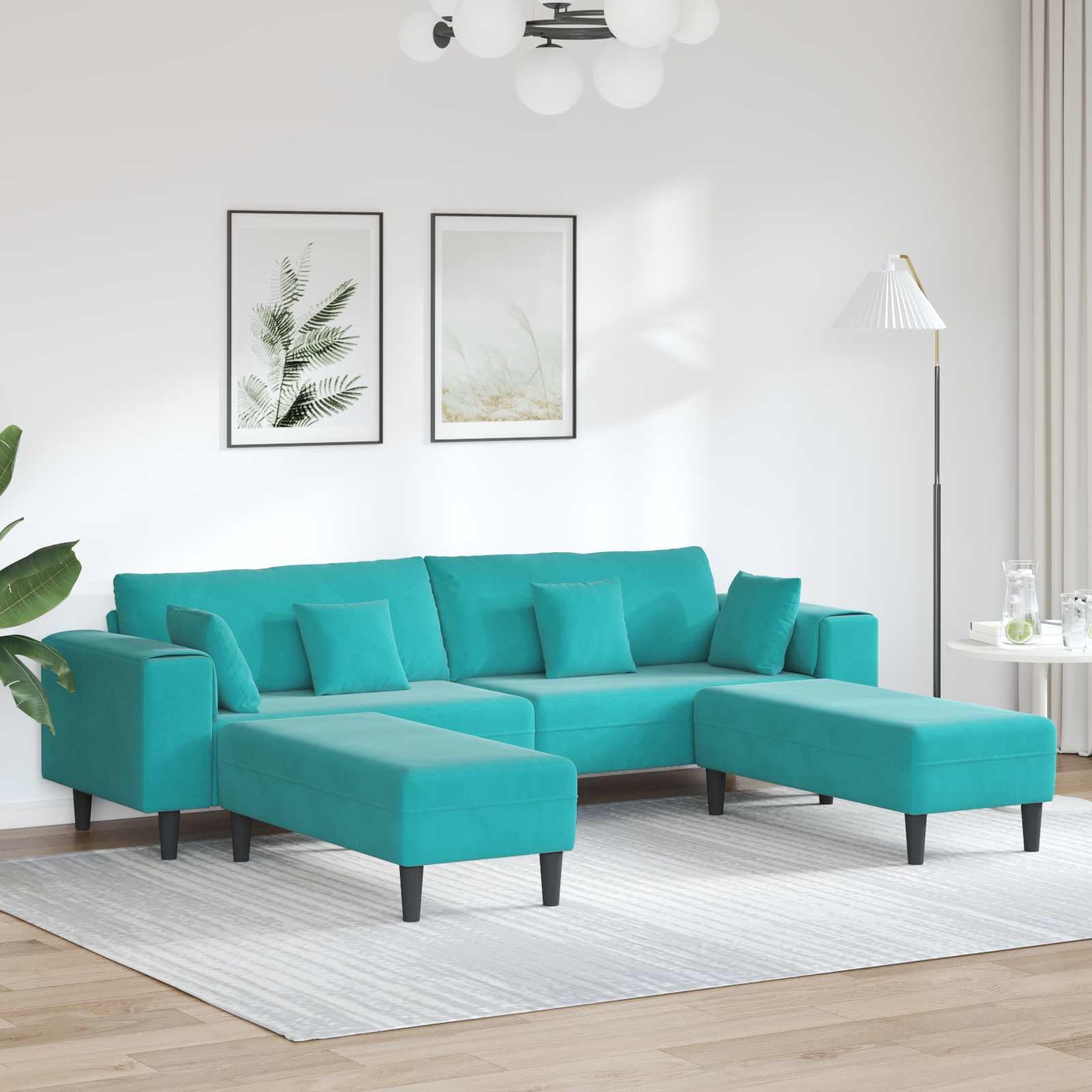 Divano 3 pezzi Turchese in velluto morbido con struttura in compensato robusto per soggiorno moderno, con braccioli quadrati, capacità 4 posti, dimensioni 250x188x76 cm, facile da assemblare