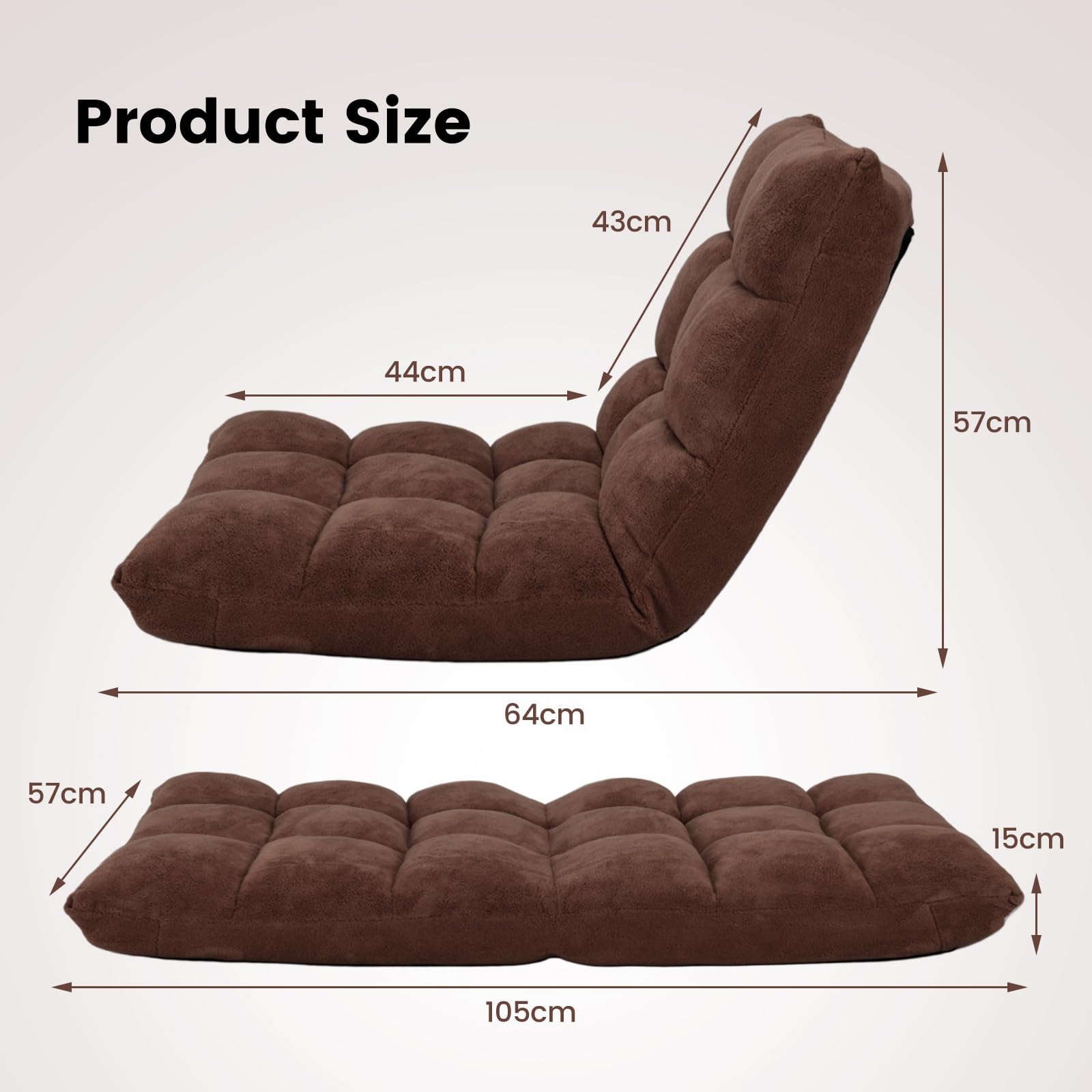 HOMASIS Silla de Suelo con Respaldo Ajustable en 14 ángulos, Silla Plegable de Pana, sillón tapizado para Leer, meditar, cojín de Suelo, 15 cm de Grosor (Café)