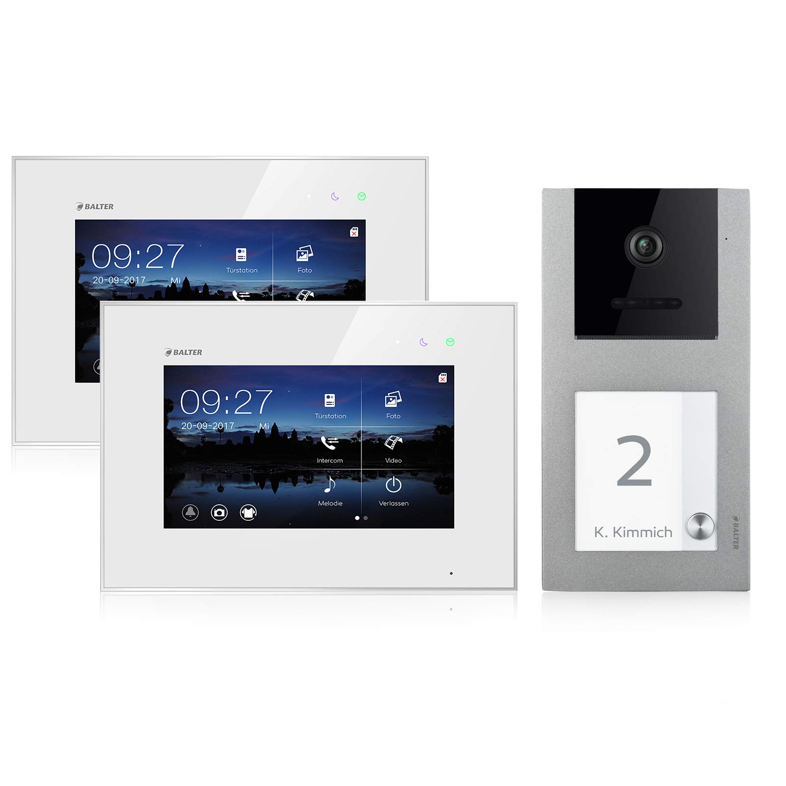 Balter EVO Video Türsprechanlage, Touchscreen, 7 Zoll Monitor, Smartphone App, 2-Draht Bus, Aufputz Türstation für 1 Familienhaus, 1 Türklingel, RFID Funktion (2 Monitore, Ohne App)