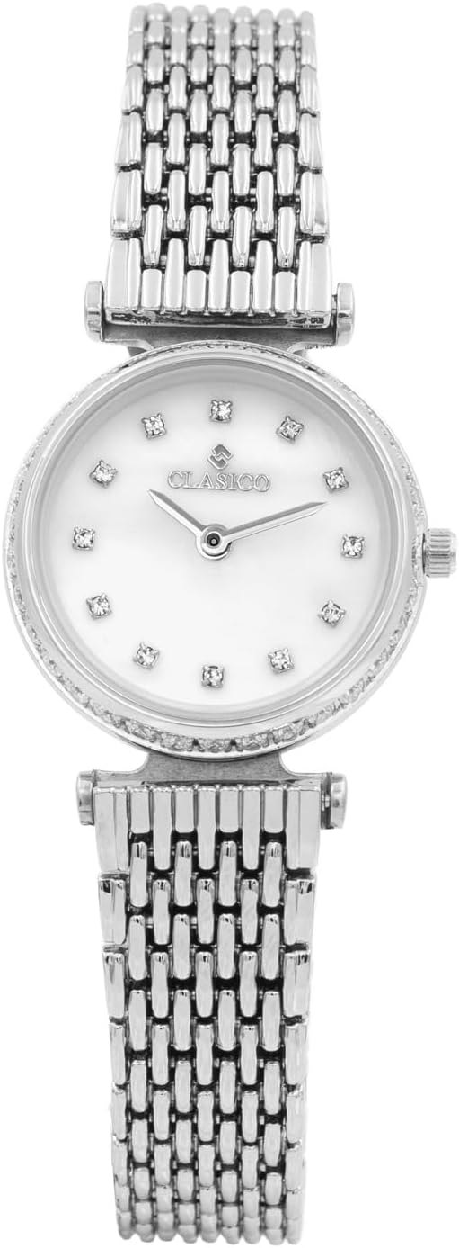 CLASICO Grace Women Luxury Silver Mesh Bracelet Watch 30mm – Mother-of-Pearl Dial with Crystal Markers, Quartz Movement