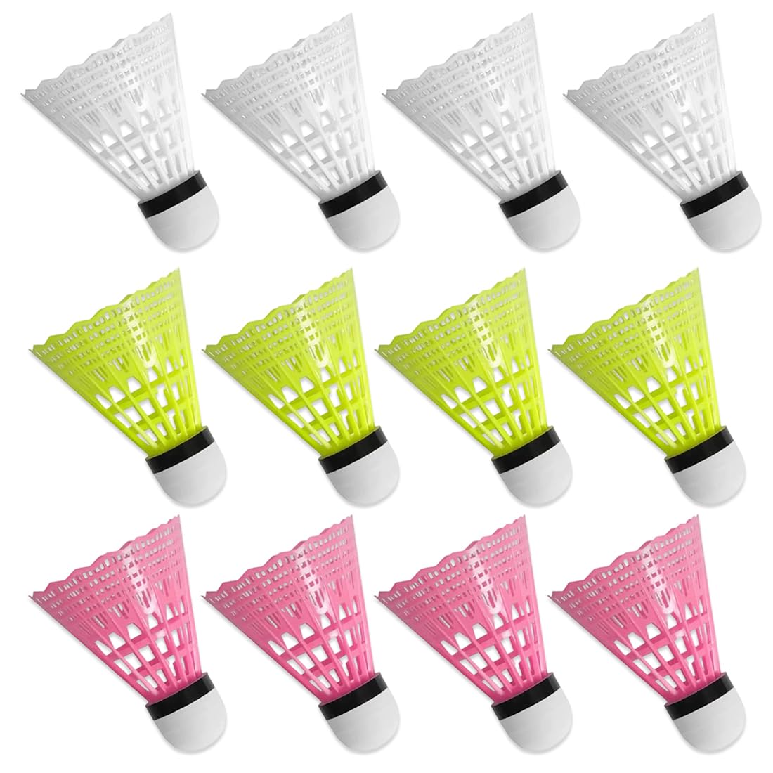 Set da 12 Volano Badminton - Volani per Esterno con Traiettoria Stabile - Palline Speedminton per Allenamento, Tempo Libero e Principianti - Bianco, Giallo, Rosa