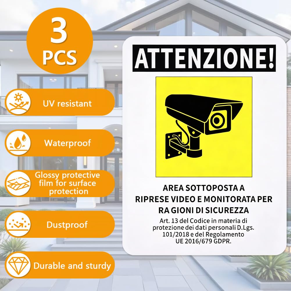 Juego de 3 Placas Rígidas Zona Vigilada por Cámara 20x15cm | PVC Reforzado 1,5mm Impermeable Resistente Rayos UV Autoadhesivas Sin Taladrar para Garajes Almacenes Centros Comerciales