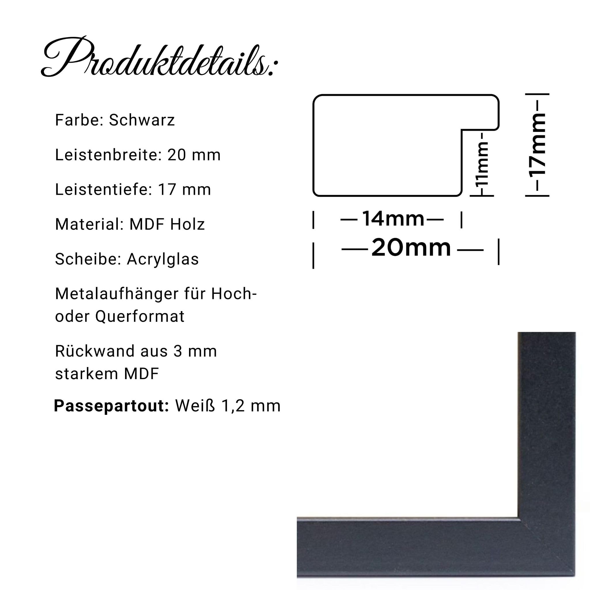 Bilderrahmen Schwarz mit Passepartout 35x45 cm - Rahmengröße 45x55 cm - Chloe 20 mm MDF Holzrahmen - Acrylglas
