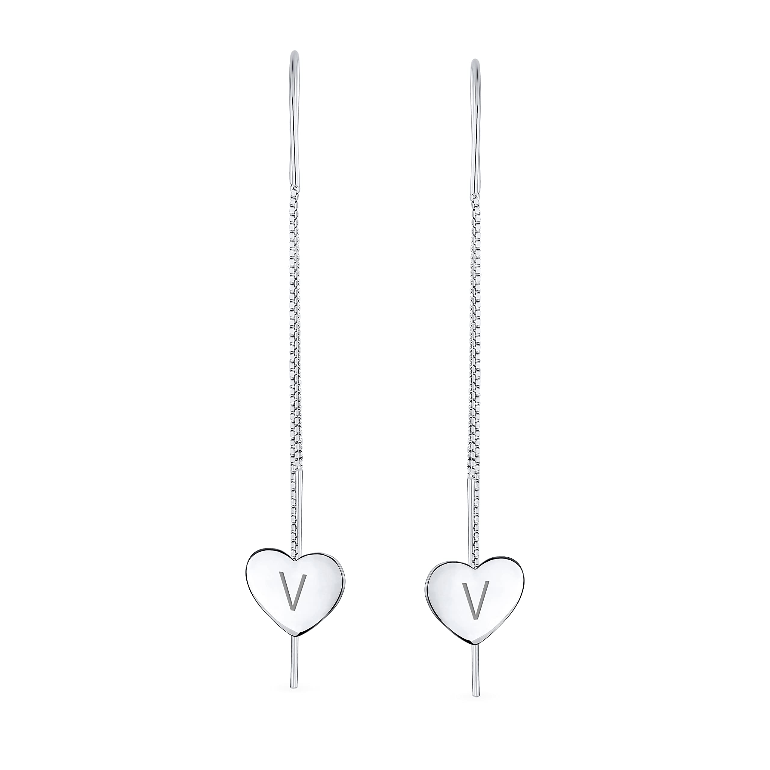 Letra Del Alfabeto Inicial Personalizada V Pendientesde Cadena De Corazón Planos, Ligeros Y Largos Con Enhebrador Para Mujeres Adolescentes .925 Plata De Ley Estabilizador U Gancho Grabado A Medida