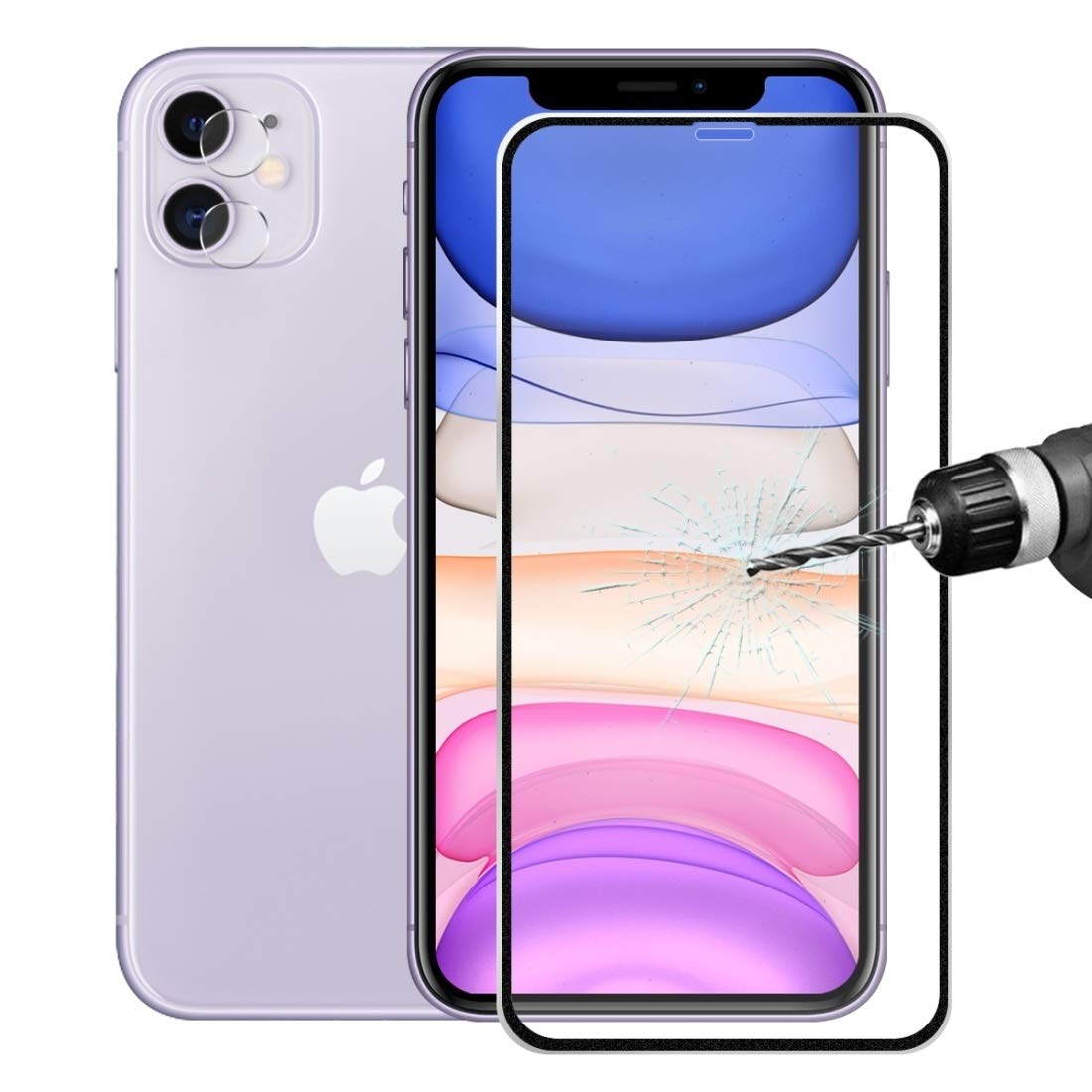 For iPhone 11 Hat-Prince 2 in 1 0.2mm 9H 3D Titanium Alloy Curved Edge Explosion-proof Tempered Glass Screen Protector + 0.2mm 9H 2.15D Round Edge Rear Camera Lens Tempered Glass Film New (Black) Yand